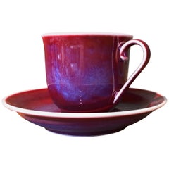 Japanese Hand-Glazed Red Blue Porcelain Cup and Saucer by Master Artist, 2018