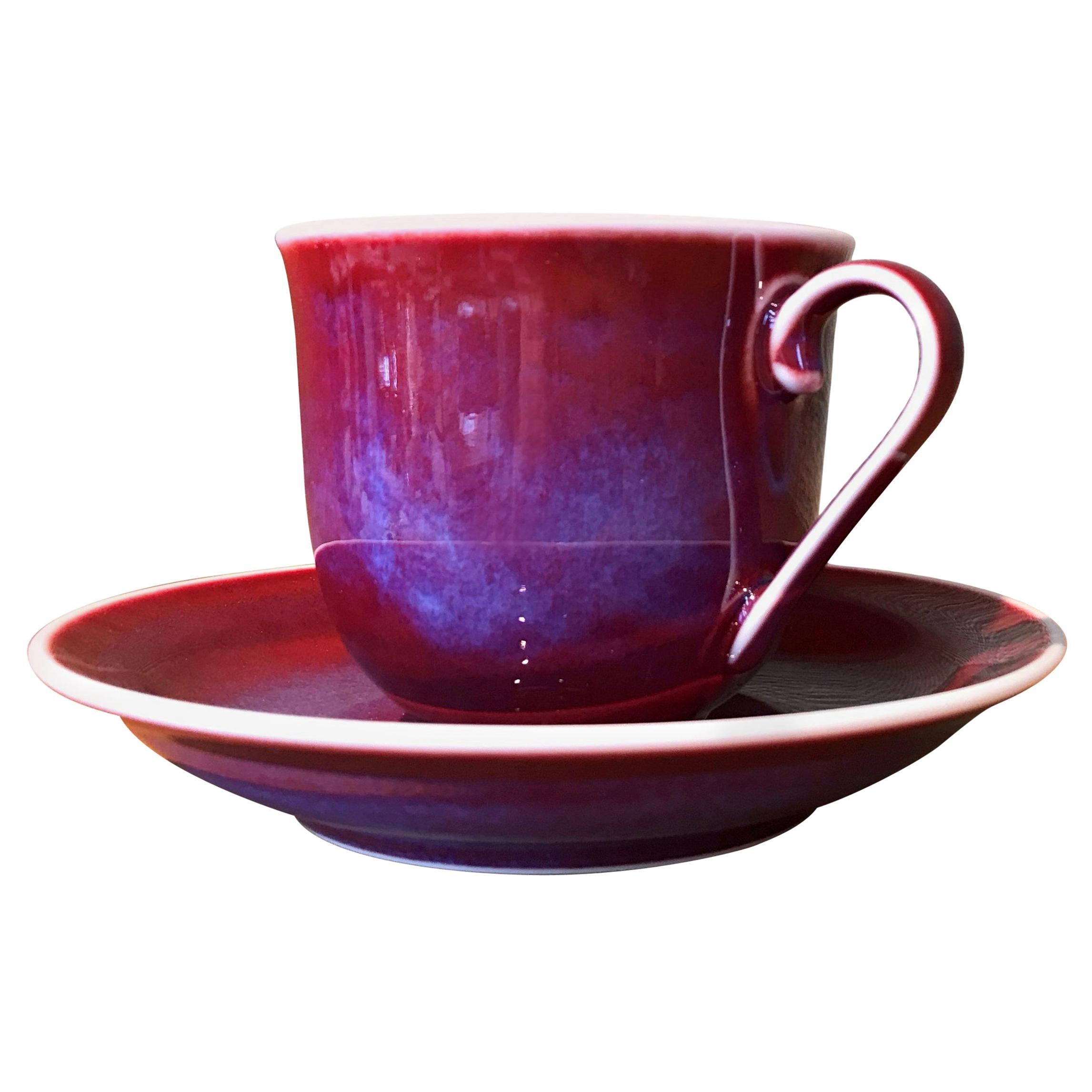 Japanese Hand-Glazed Red Blue Porcelain Cup and Saucer by Master Artist