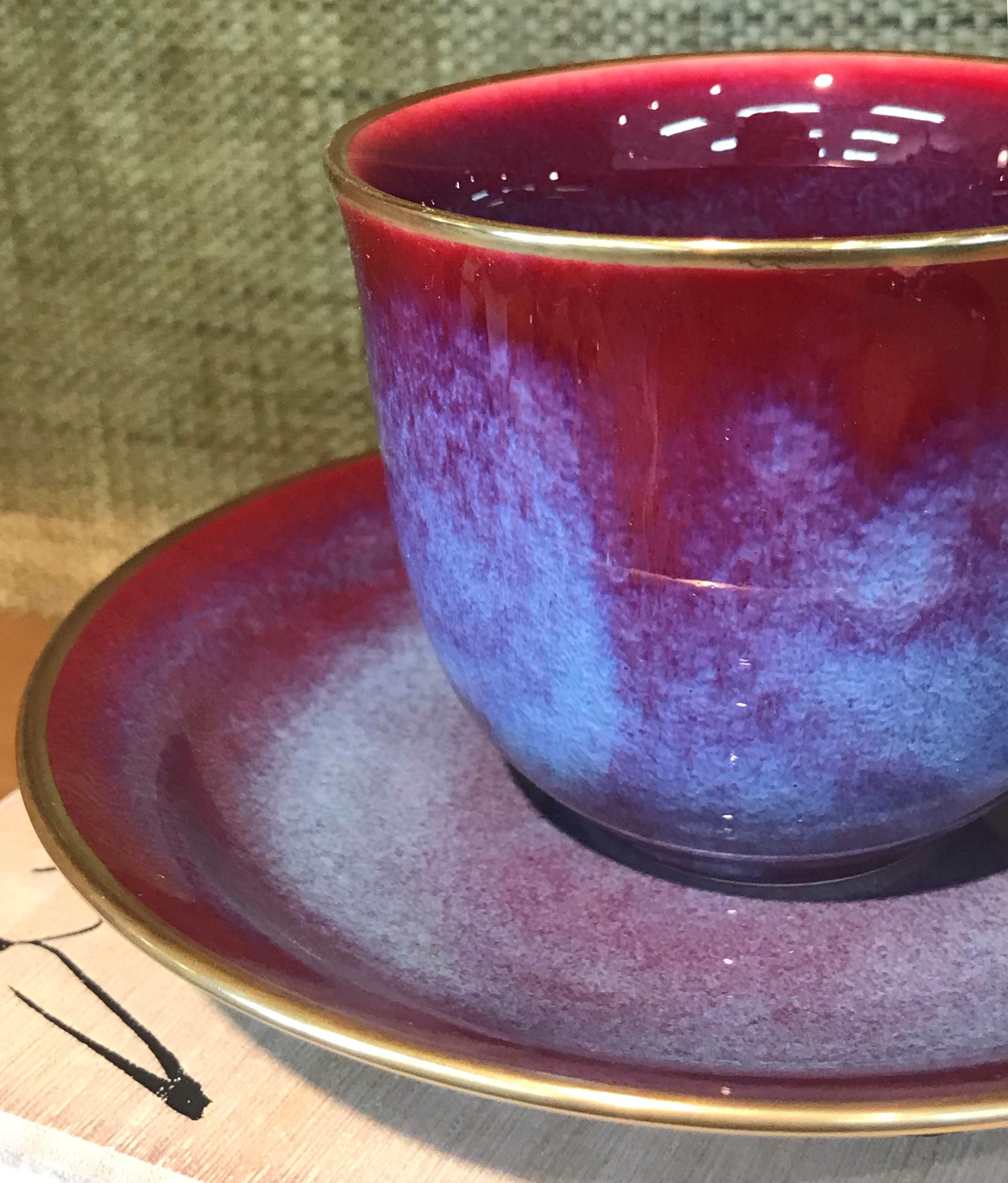 Gilt Japanese Hand-Glazed Red Porcelain Cup and Saucer by Contemporary Master Artist