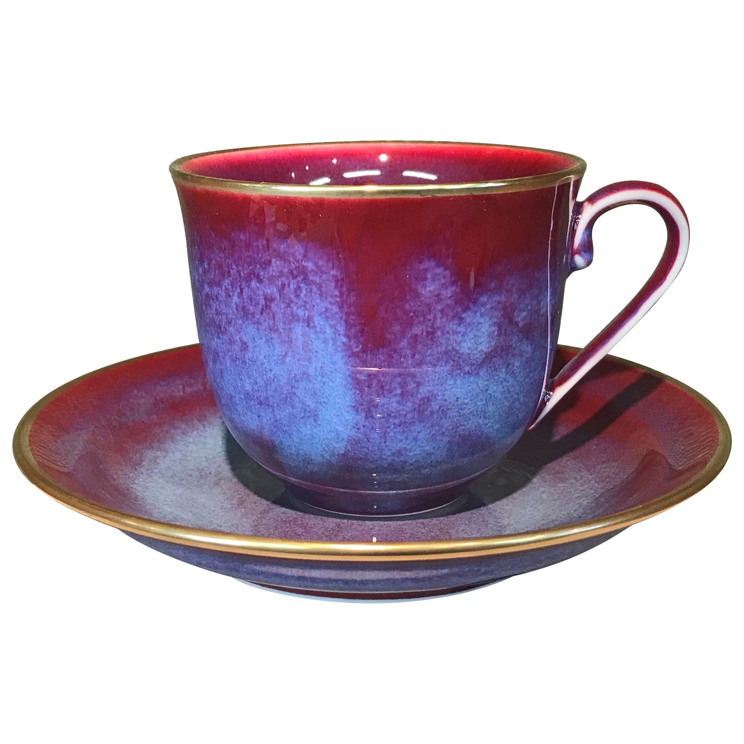 Japanese Hand-Glazed Red Porcelain Cup and Saucer by Contemporary Master Artist
