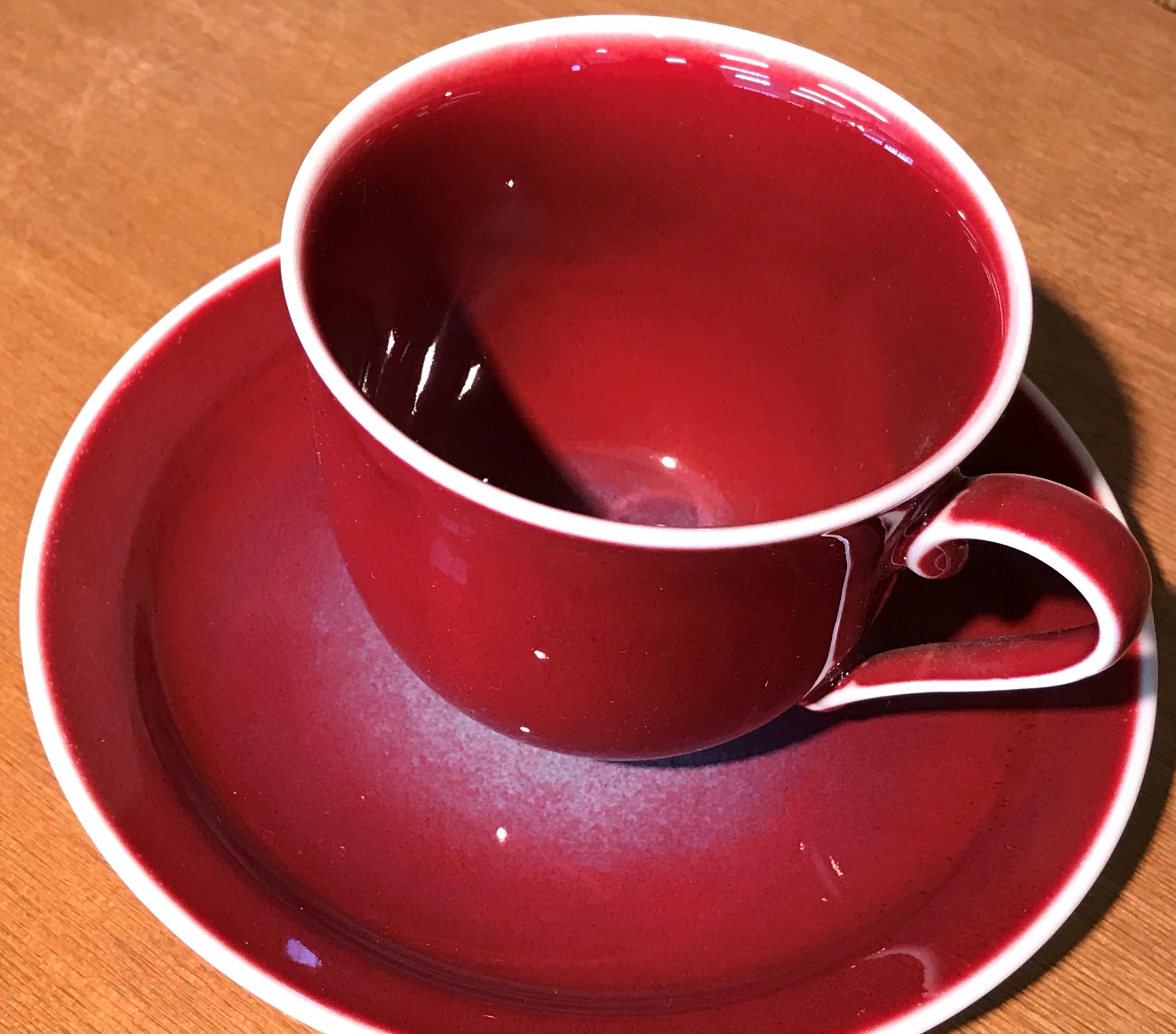 Hand-Painted Japanese Contemporary Hand-Glazed Red Porcelain Cup and Saucer by Master Artist