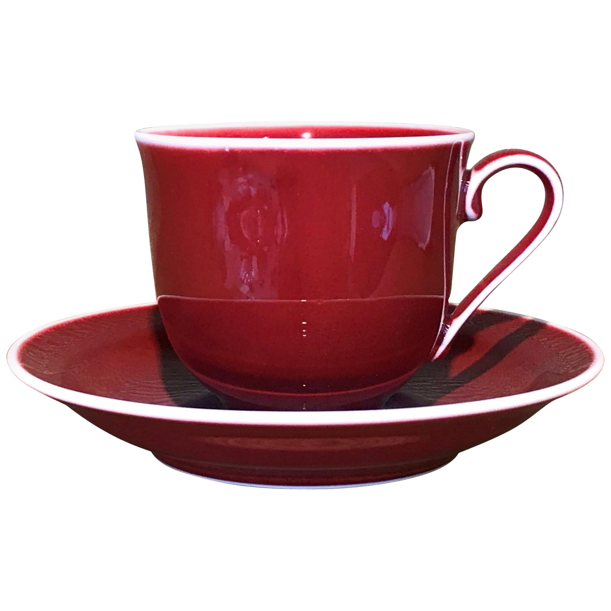 Japanese Contemporary Hand-Glazed Red Porcelain Cup and Saucer by Master Artist