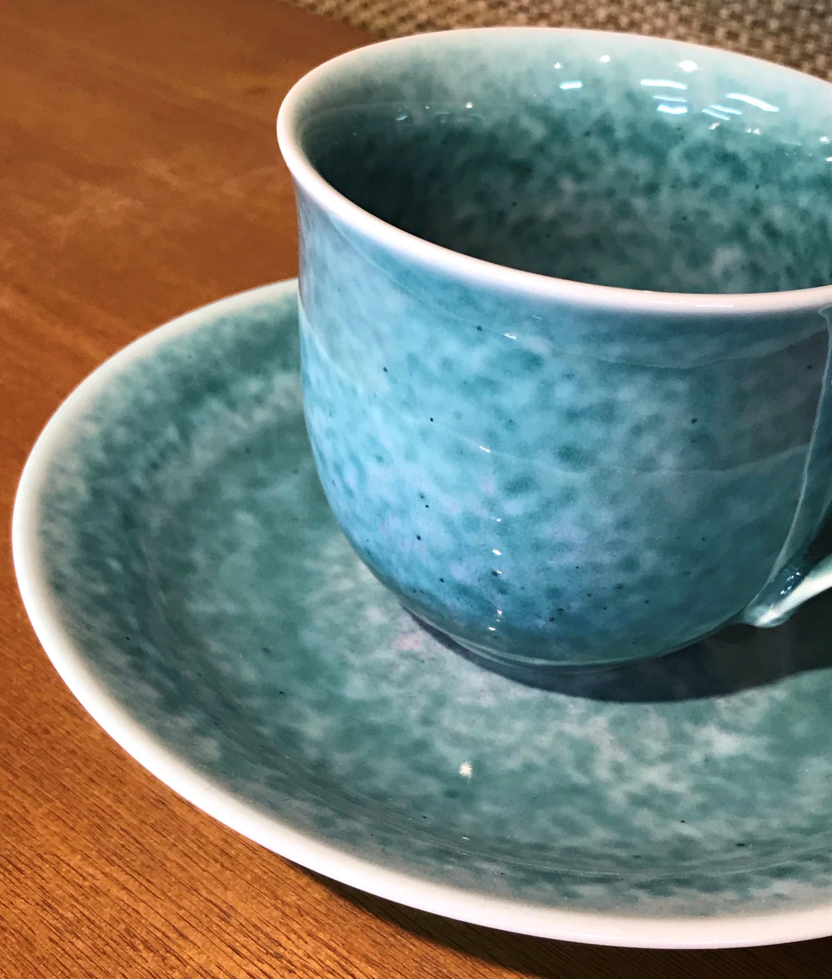 Hand-Painted Japanese Hand-Glazed Turquoise Blue Porcelain Cup and Saucer, Master Artist