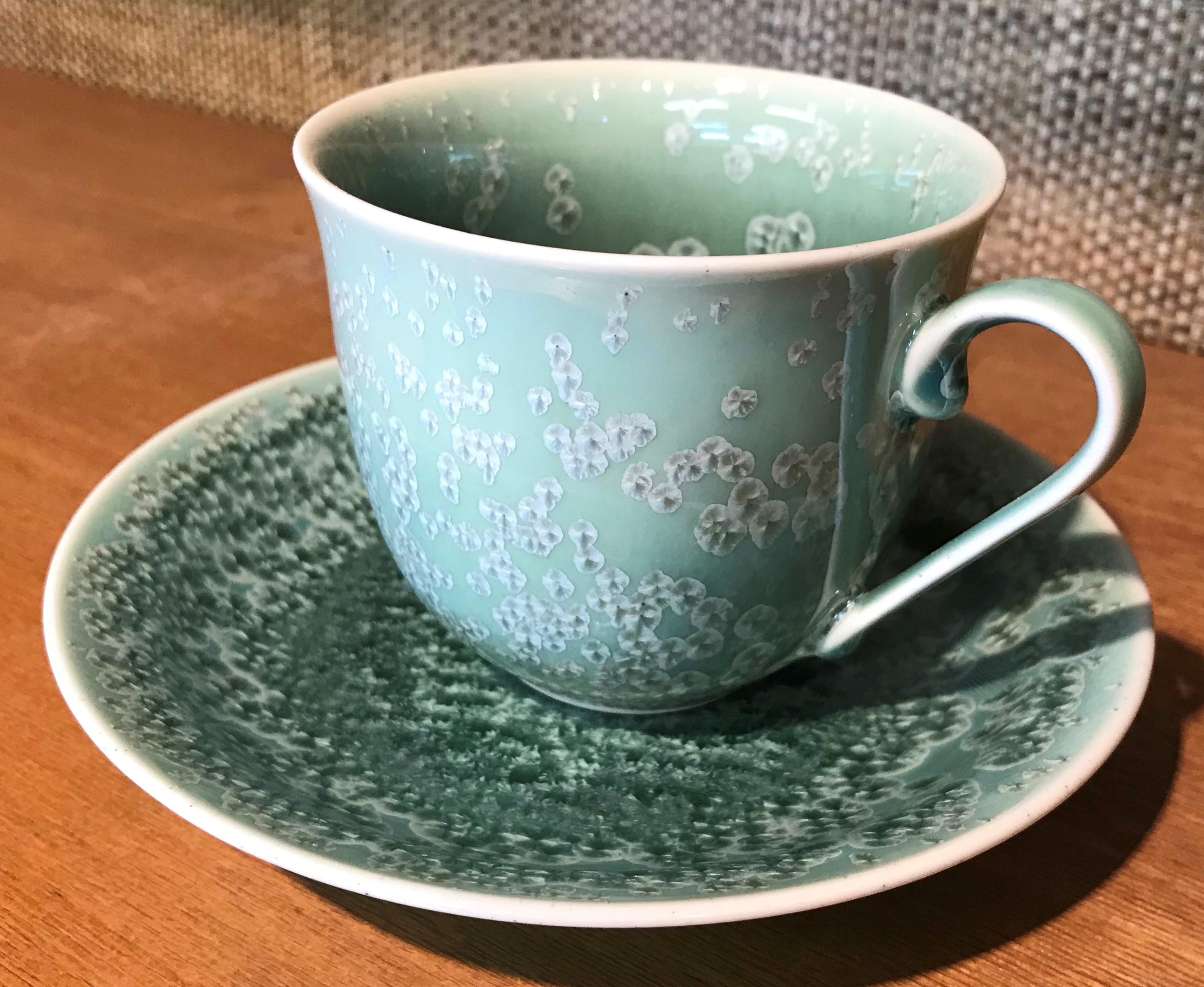 Contemporary Japanese Hand-Glazed Turquoise Blue Porcelain Cup and Saucer, Master Artist