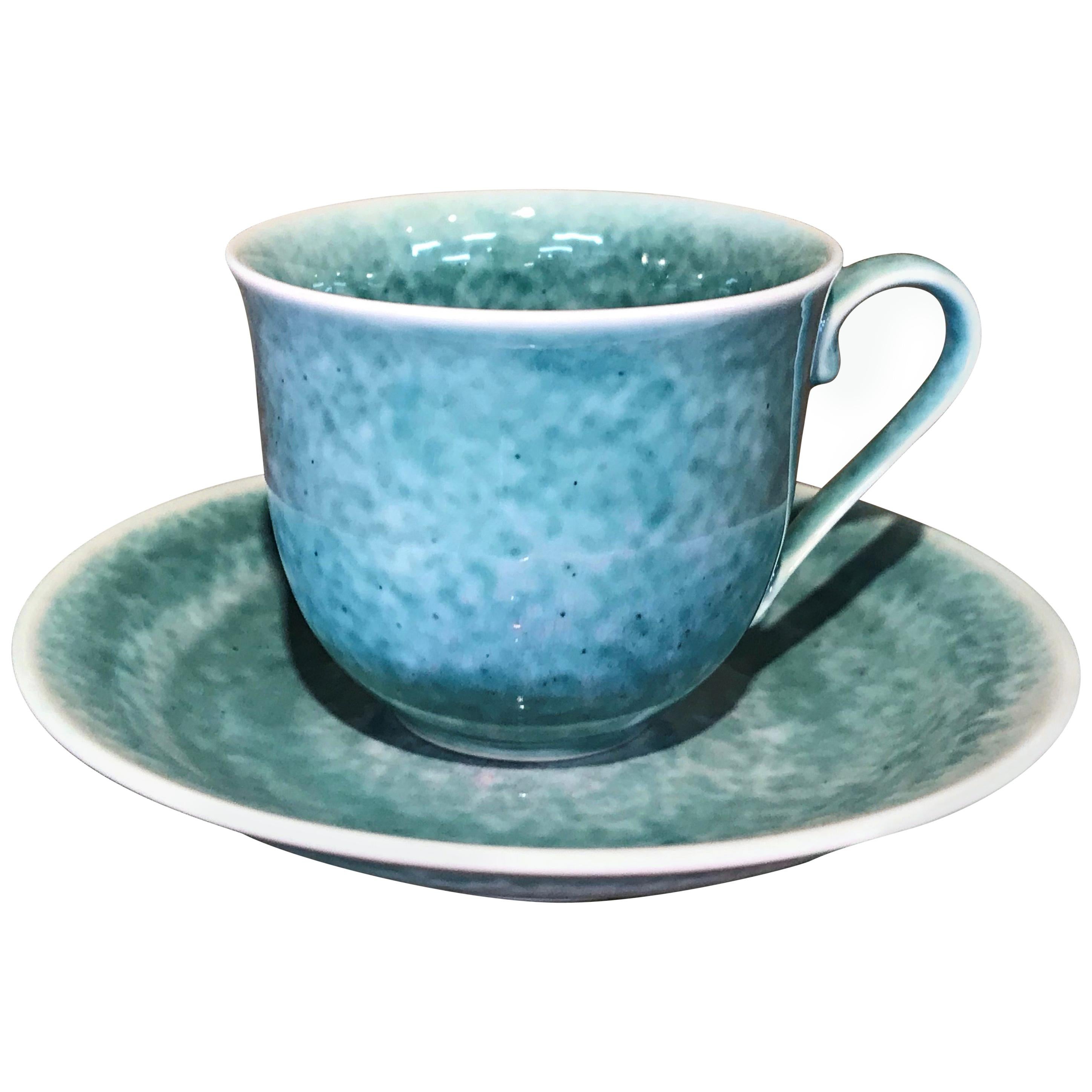 Japanese Hand-Glazed Turquoise Blue Porcelain Cup and Saucer, Master Artist