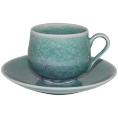 Japanese Hand-Glazed Turquoise Porcelain Cup and Saucer by Master Artist
