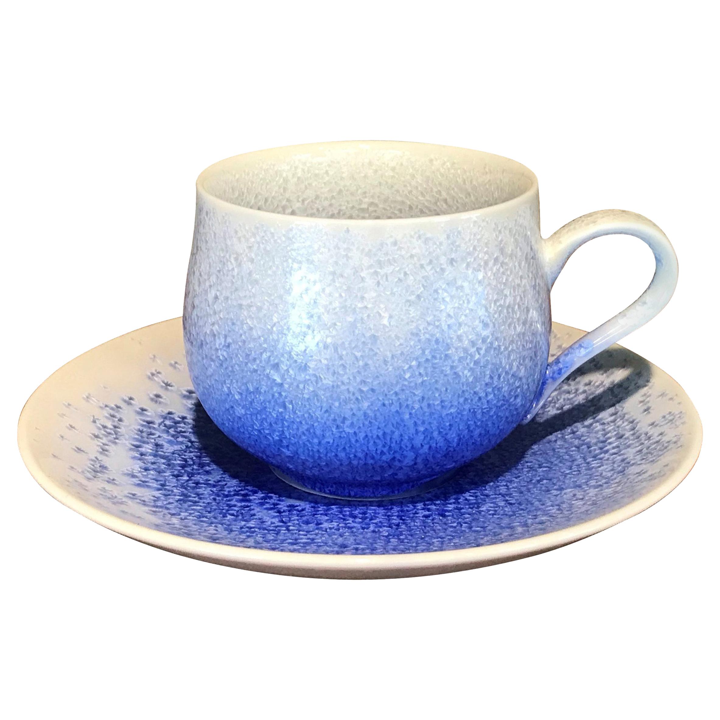 Japanese Hand-Glazed white Blue Porcelain Cup and Saucer by Master Artist