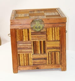 Japanese Hand-Crafted Side Table Storage Box, Hardwood & Brass, 1970s