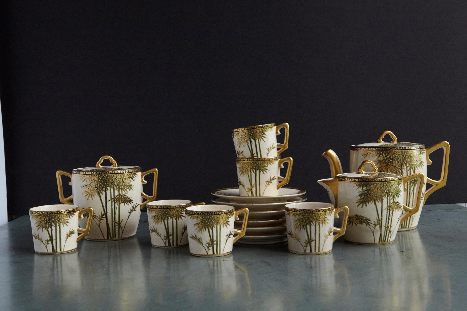 Art Déco Servizio da caffè Demitasse giapponese dipinto a mano e dorato, nuovo in scatola, anni '30