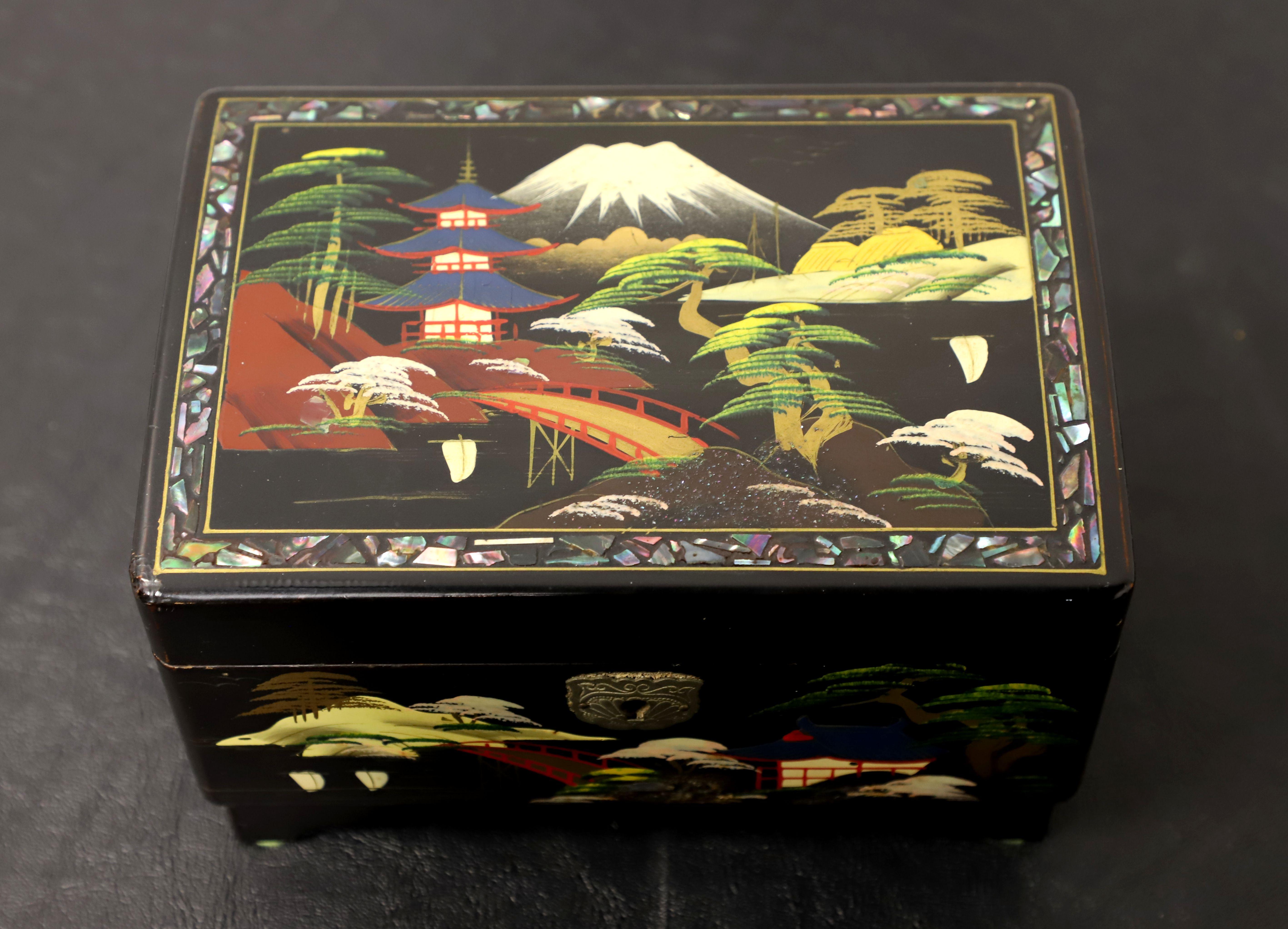 Anglo-Japanese Japanese Hand Painted Black Lacquer Jewelry Box