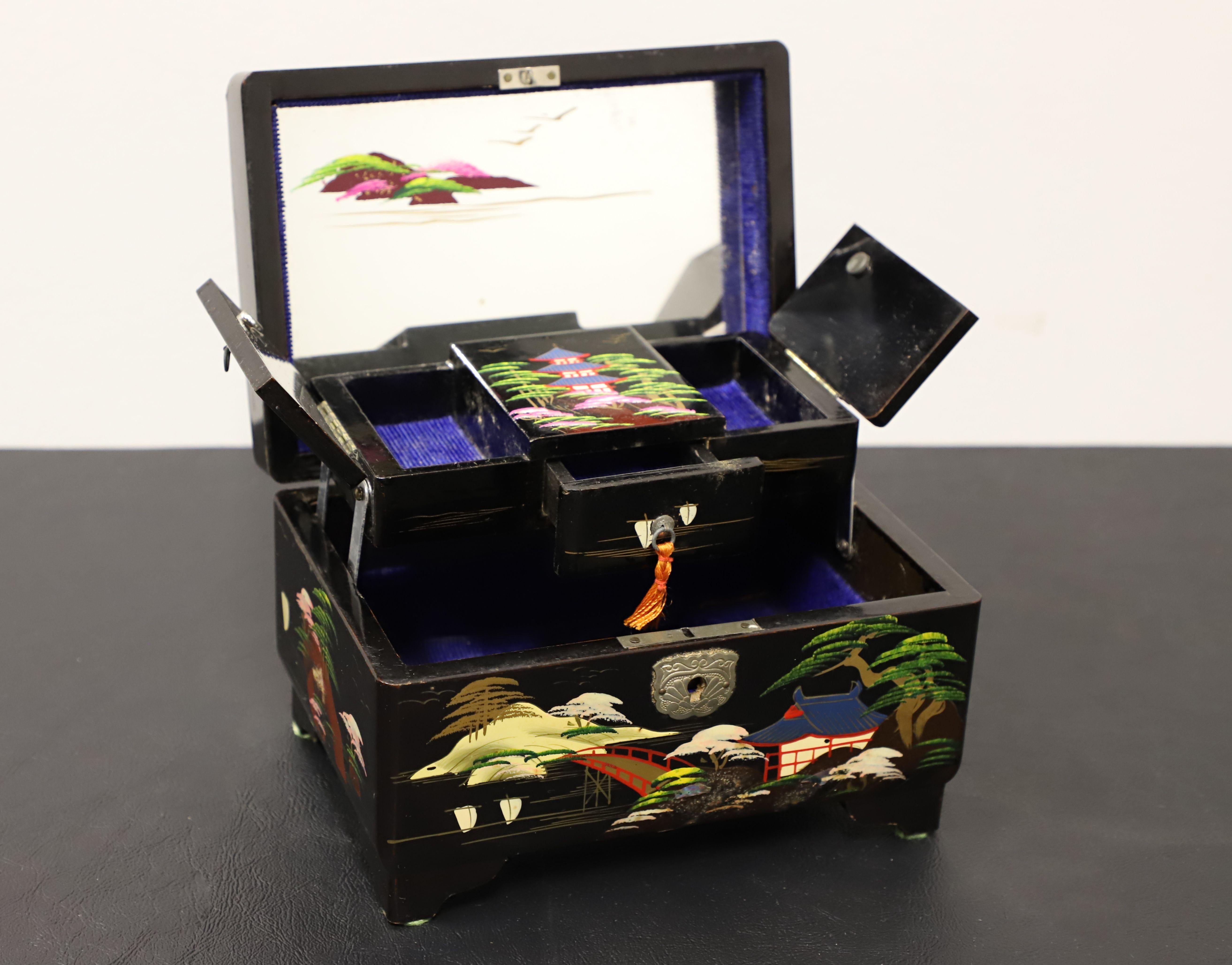 Japanese Hand Painted Black Lacquer Jewelry Box In Good Condition In Charlotte, NC