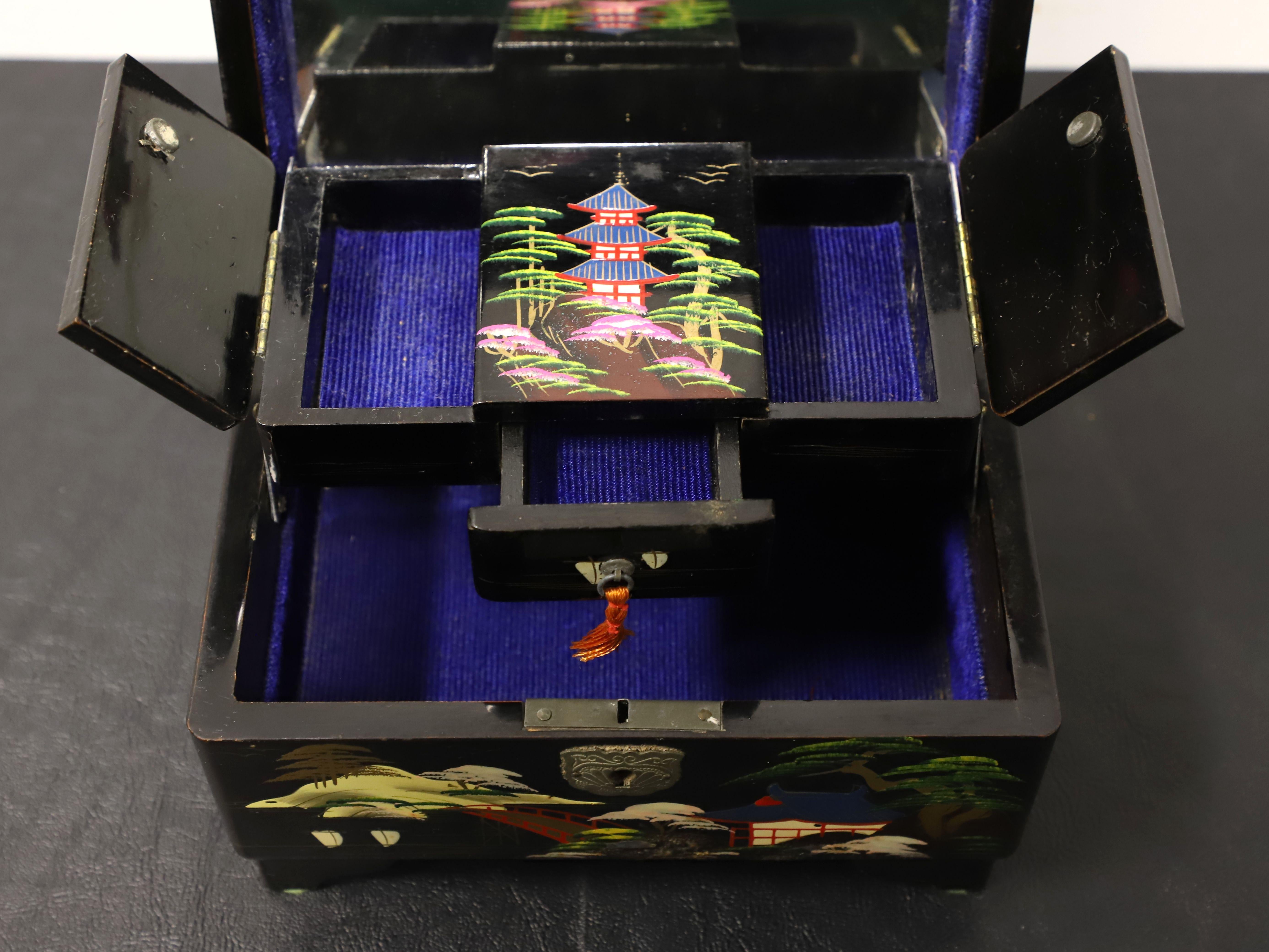 20th Century Japanese Hand Painted Black Lacquer Jewelry Box