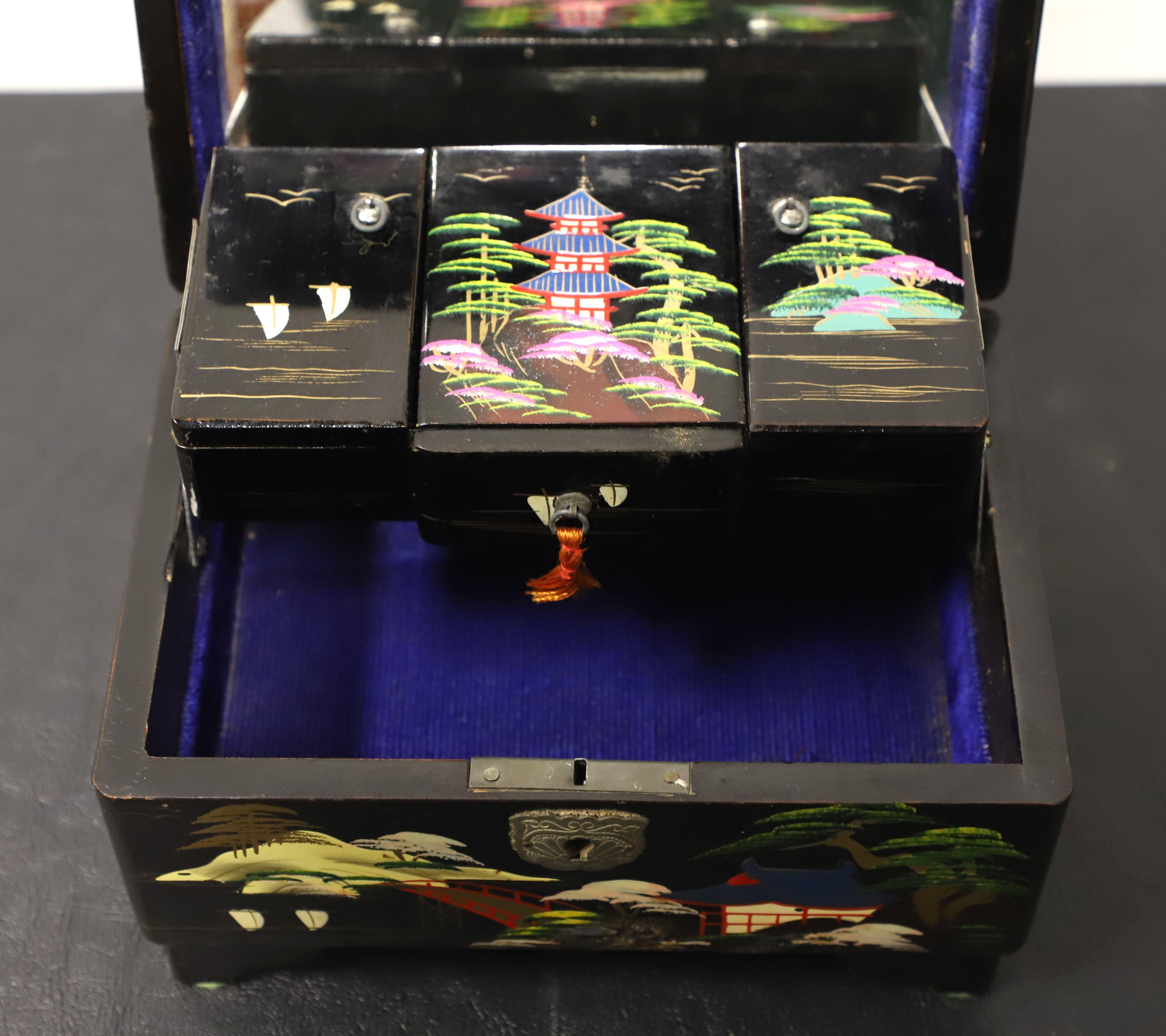 Felt Japanese Hand Painted Black Lacquer Jewelry Box