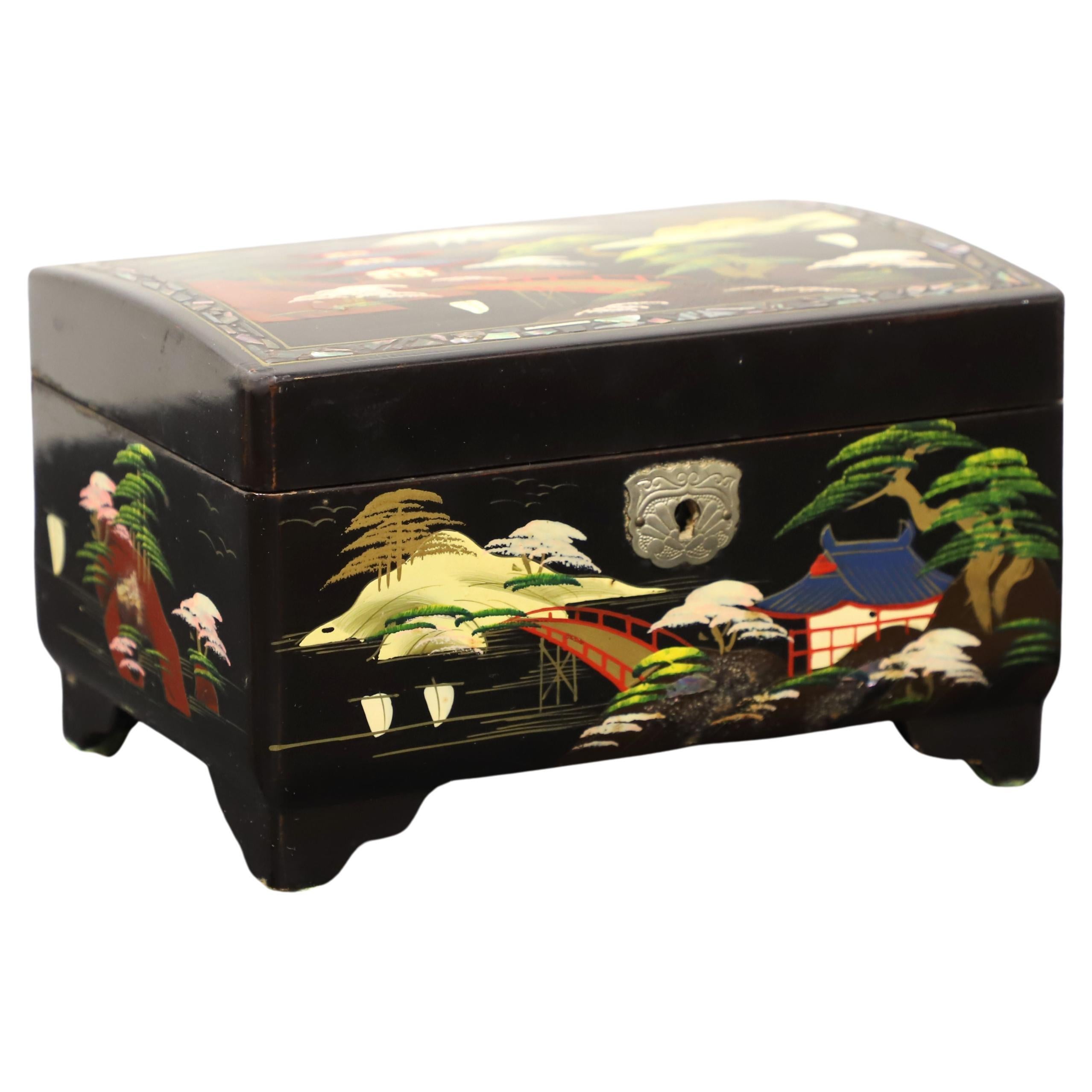 Japanese Hand Painted Black Lacquer Jewelry Box