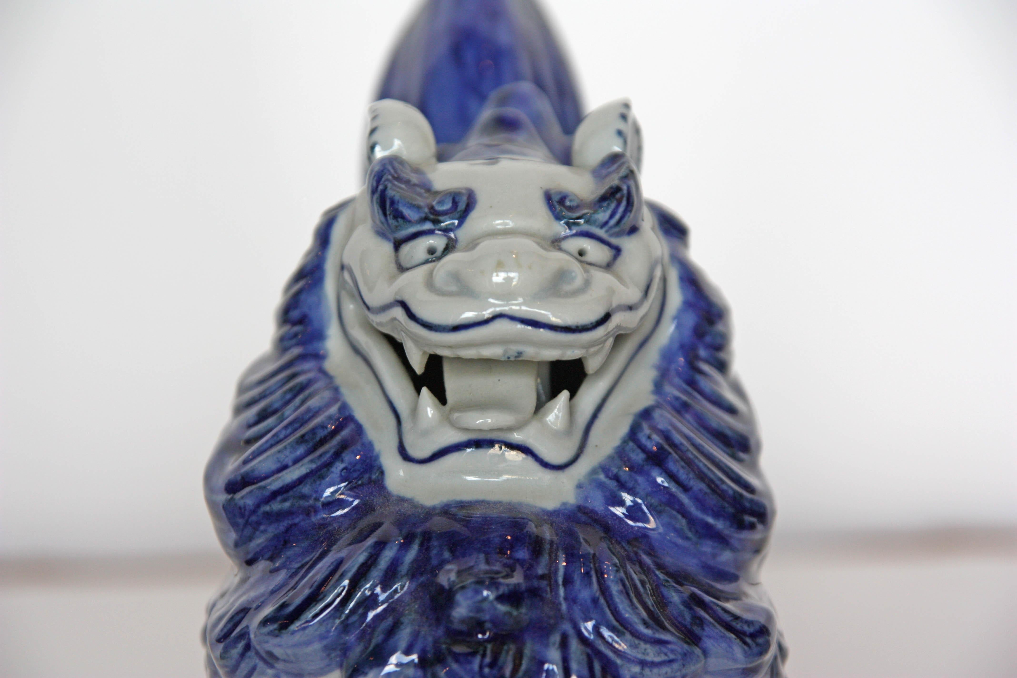 Japanese blue and white Foo-lion ceramic sculpture.