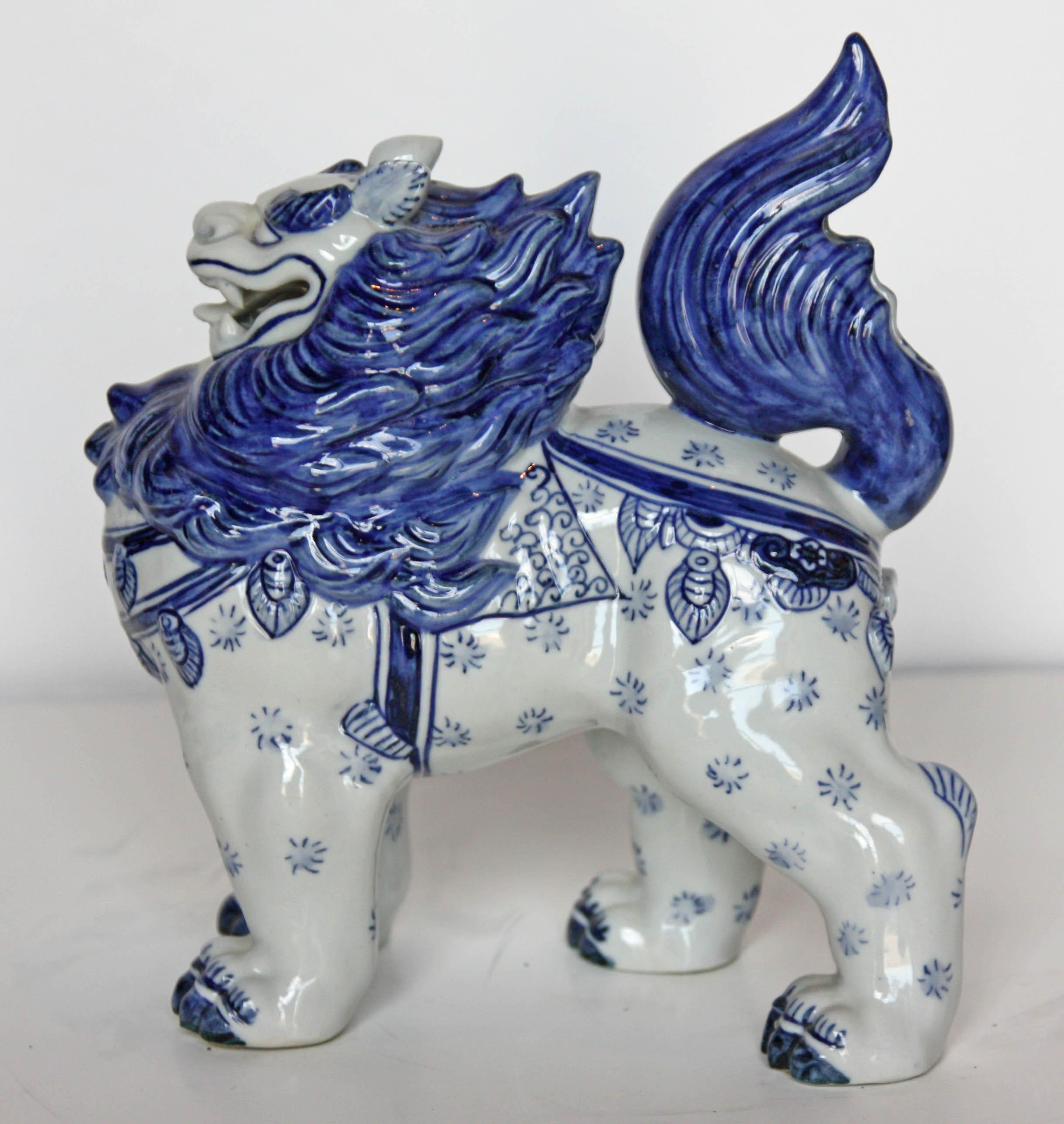 Chinese Export Japanese Hand Painted Blue and White Foo-Lion Sculpture For Sale