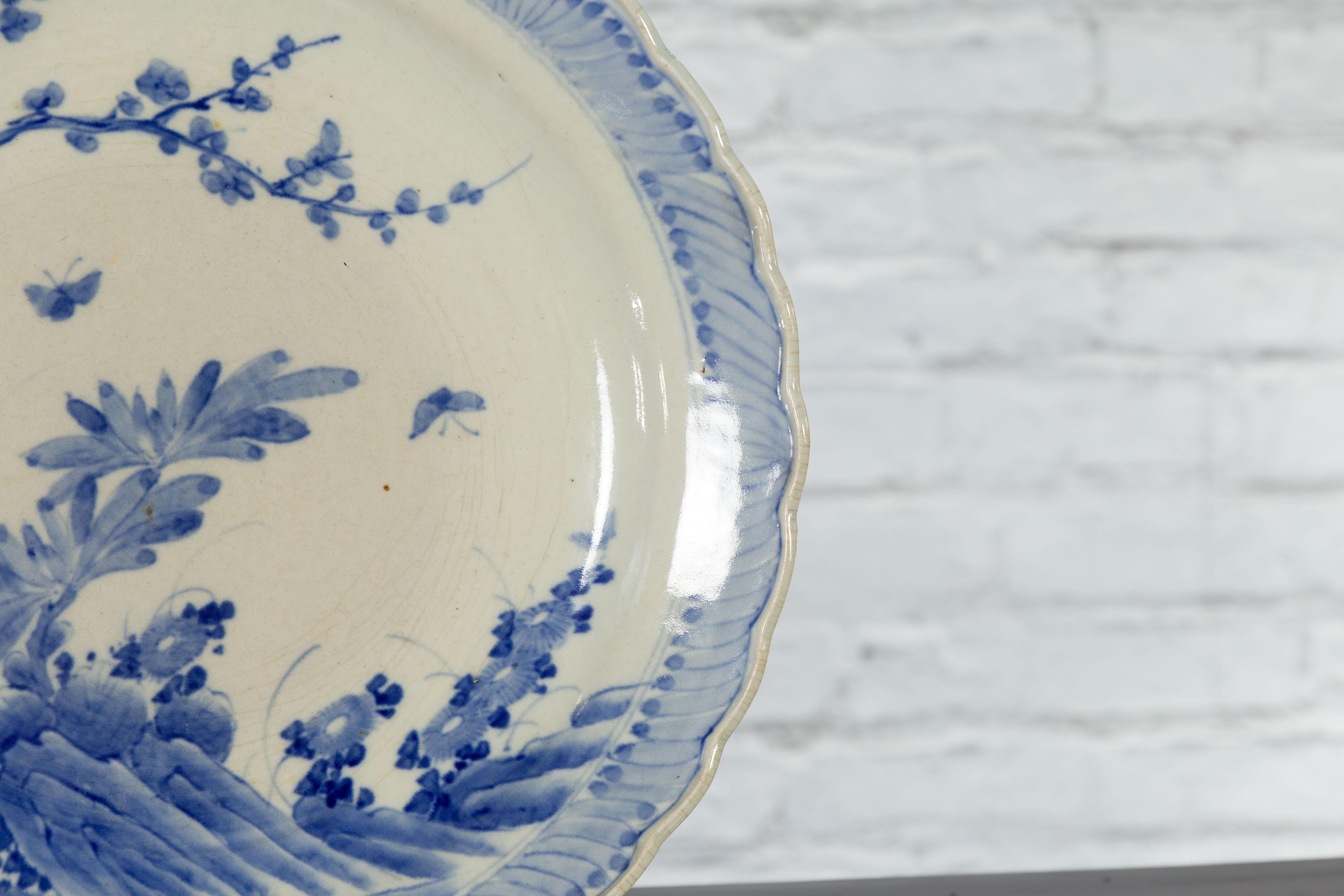 Japanese Hand-Painted Blue and White Porcelain Charger Plate with Foliage Décor For Sale 5