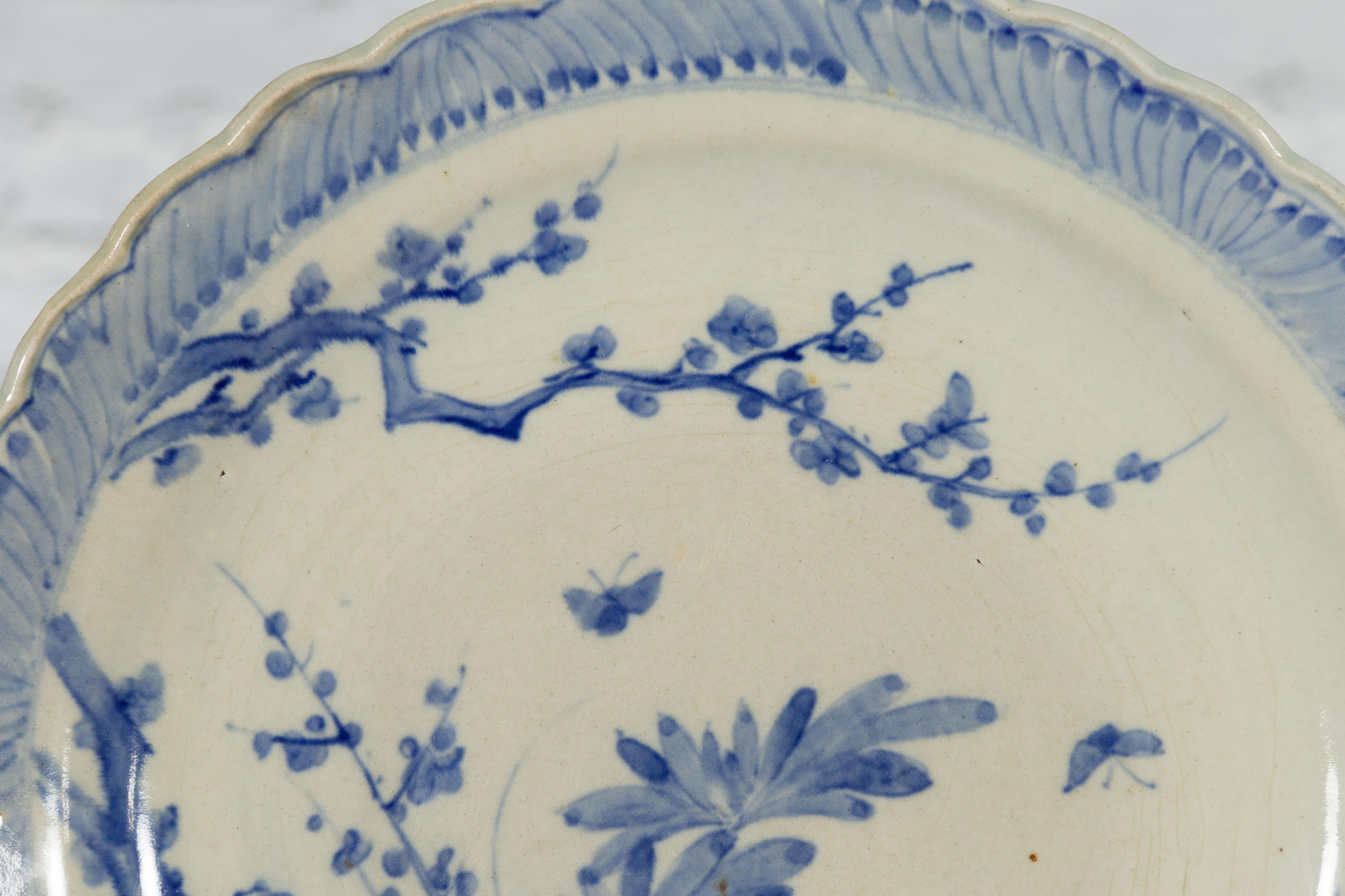 Japanese Hand-Painted Blue and White Porcelain Charger Plate with Foliage Décor For Sale 6
