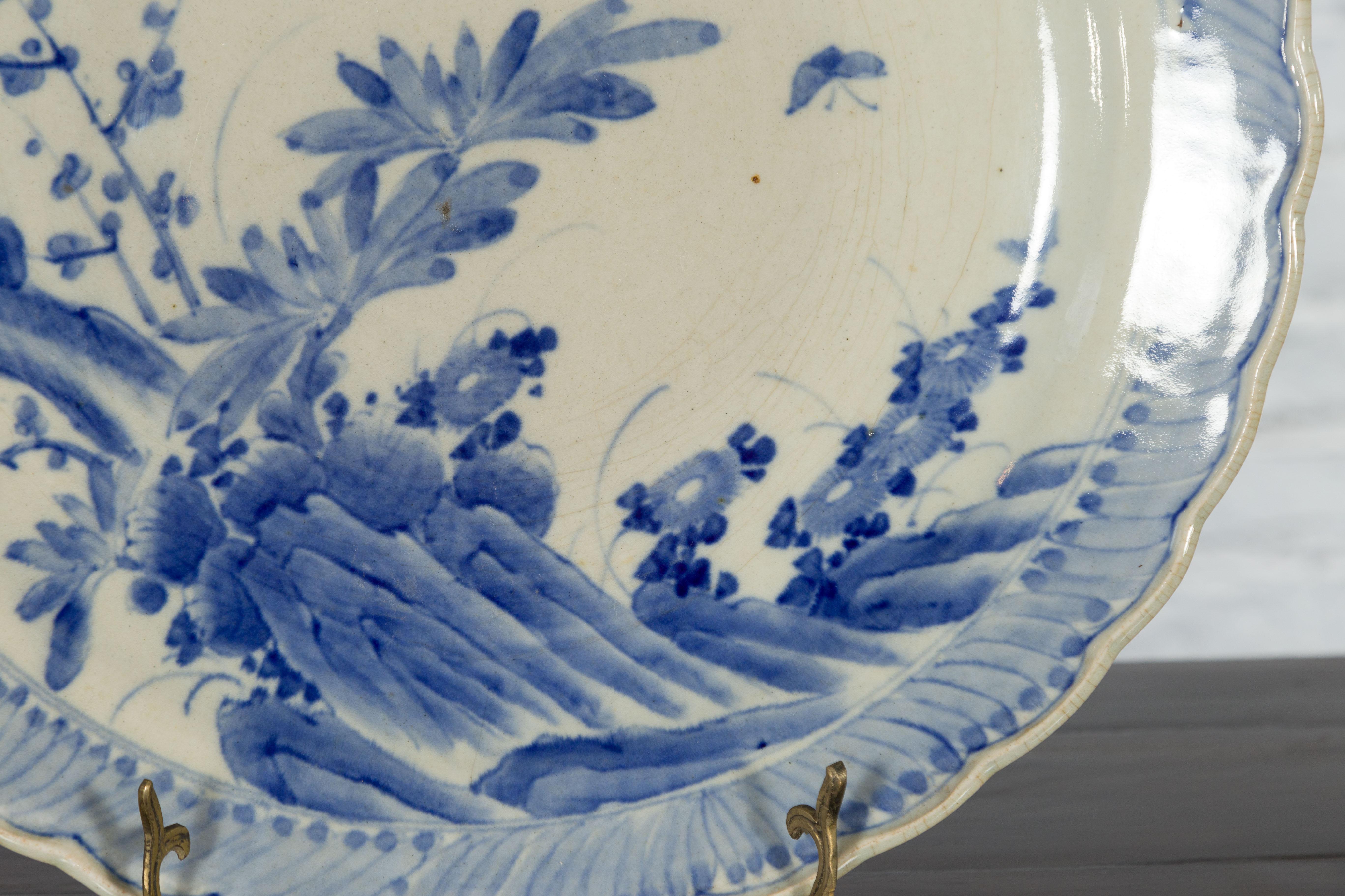 Japanese Hand-Painted Blue and White Porcelain Charger Plate with Foliage Décor For Sale 7