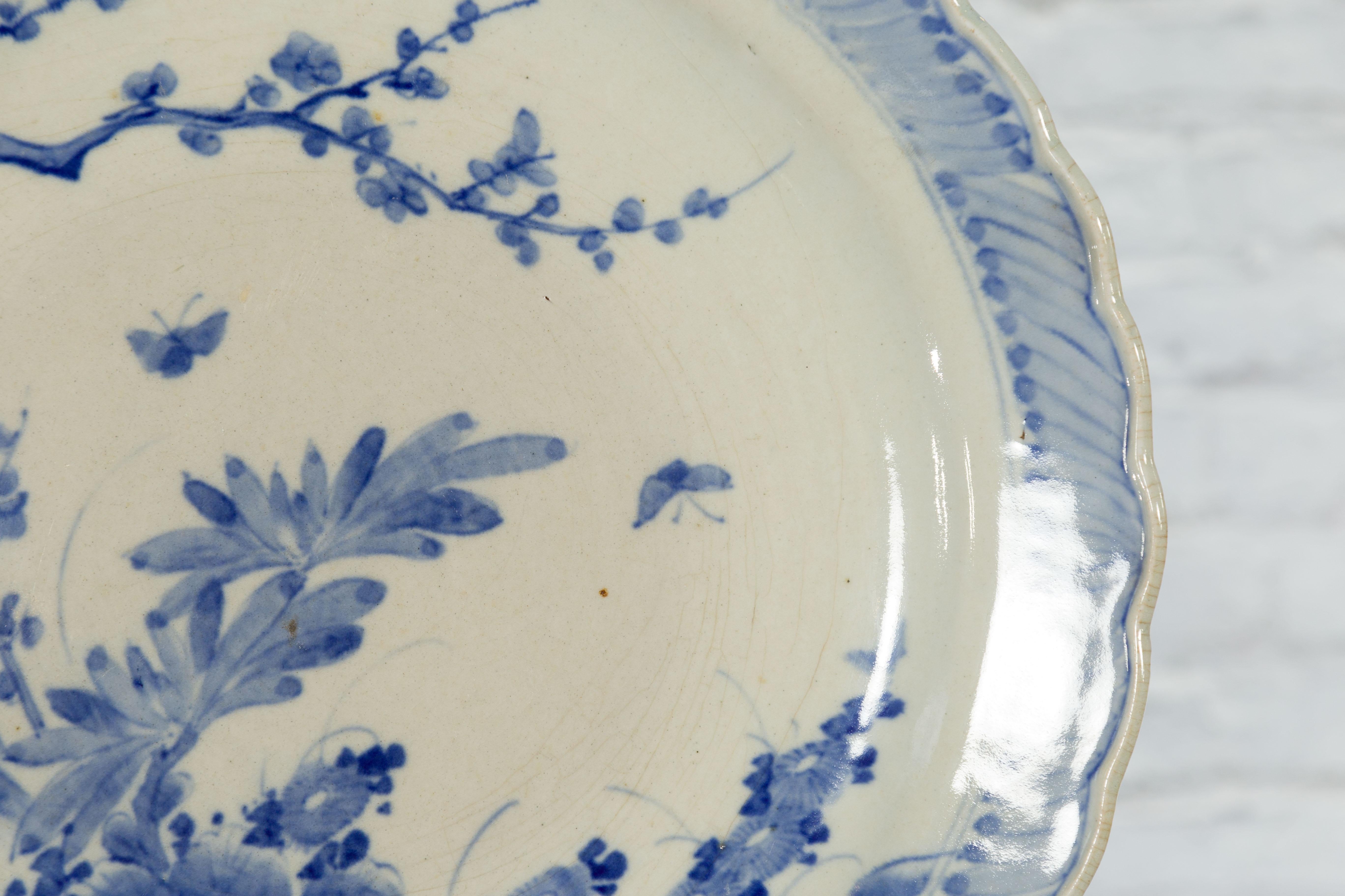 Japanese Hand-Painted Blue and White Porcelain Charger Plate with Foliage Décor For Sale 8