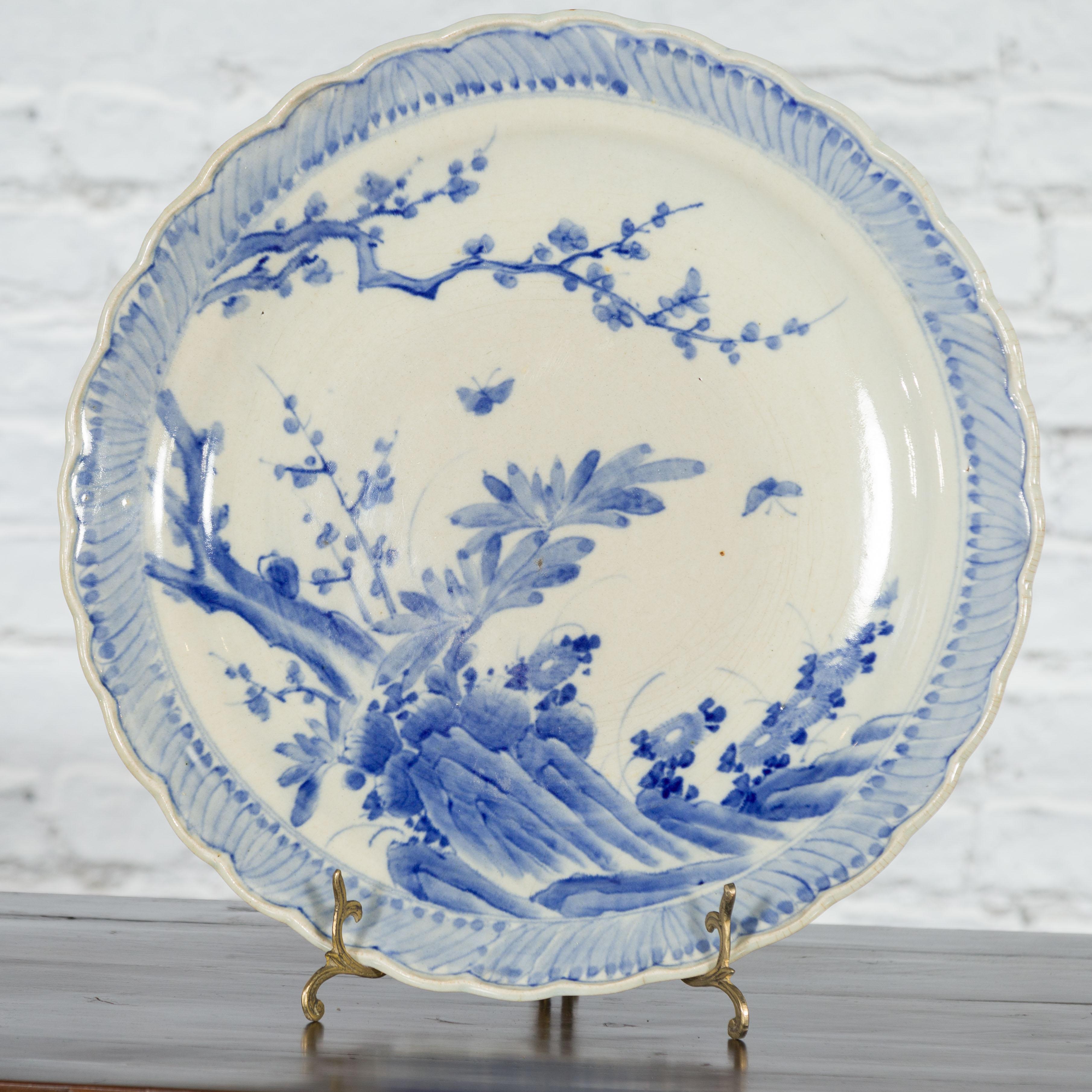 Japanese Hand-Painted Blue and White Porcelain Charger Plate with Foliage Décor In Good Condition For Sale In Yonkers, NY
