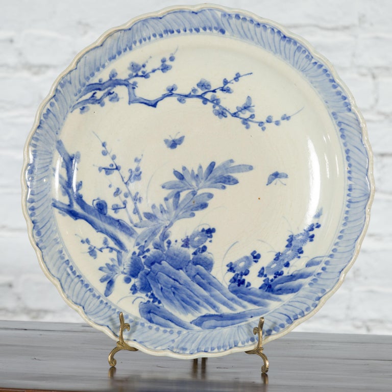 19th Century Japanese Hand-Painted Blue and White Porcelain Charger Plate with Foliage Décor For Sale