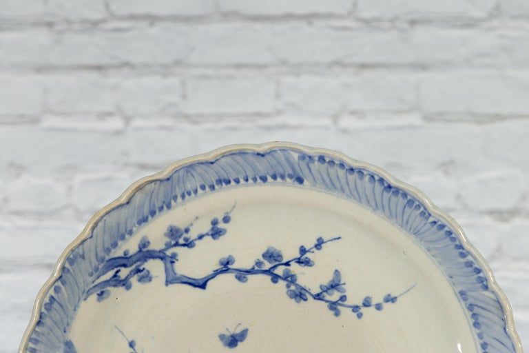 Japanese Hand-Painted Blue and White Porcelain Charger Plate with Foliage Décor For Sale 3
