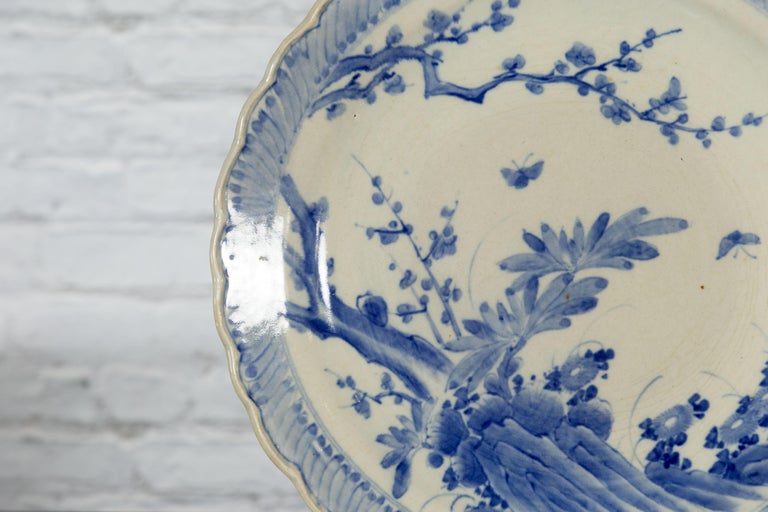 Japanese Hand-Painted Blue and White Porcelain Charger Plate with Foliage Décor For Sale 5