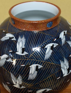 Japanese Hand Painted Blue Gilded Porcelain Vase Master Artist