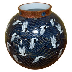 Japanese Hand Painted Blue Gilded Porcelain Vase Master Artist