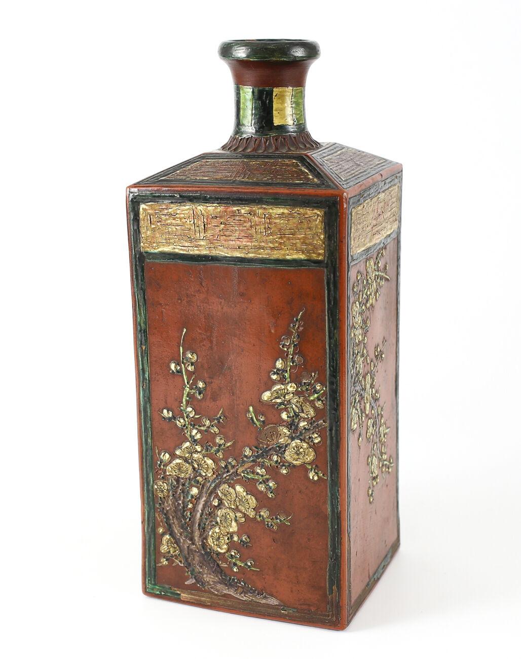 Hand-Painted Japanese Hand Painted Ceramic Vase, Raised Enamel, Floral & Bamboo, 18th Century