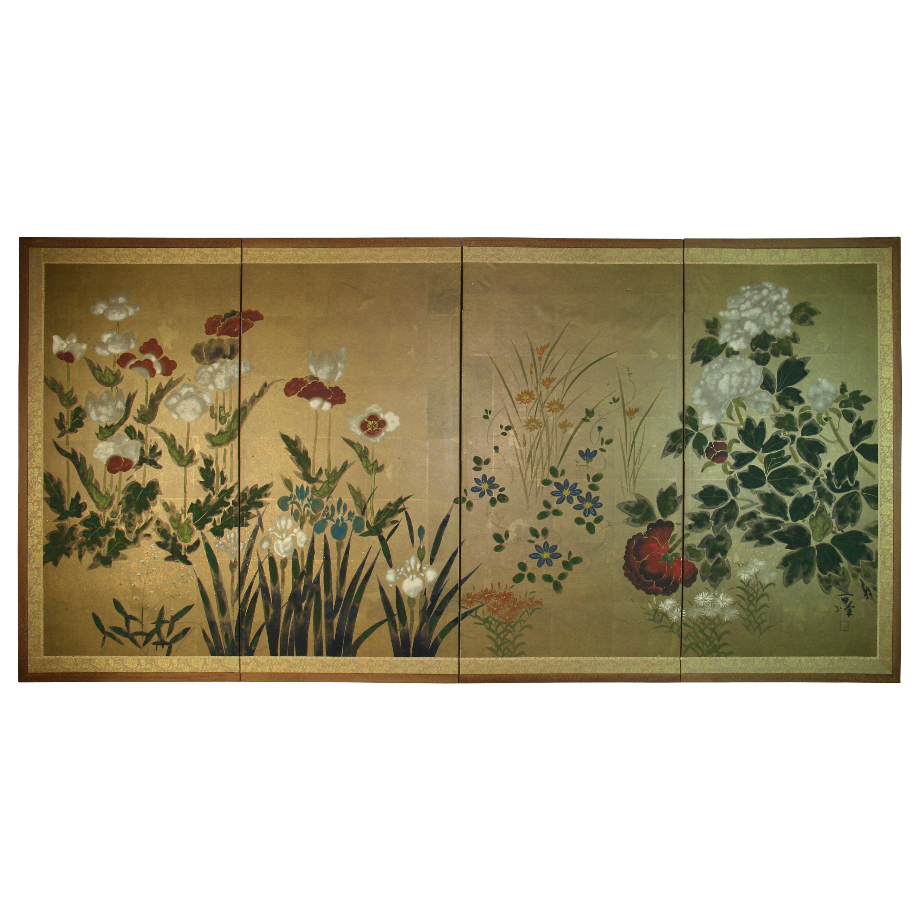 Japanese Hand Painted Four Panel Screen