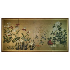 Japanese Hand Painted Four Panel Screen