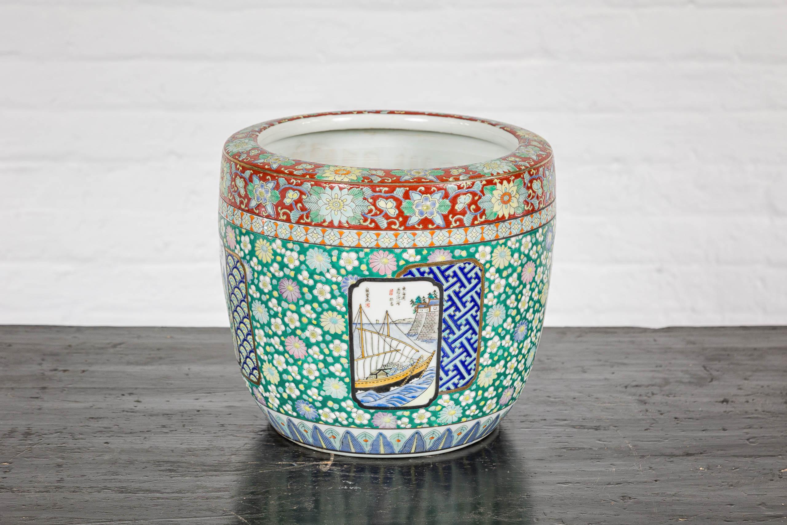 Japanese Hand-Painted Imari Planter with Boat, Mountains, People and Flowers In Good Condition For Sale In Yonkers, NY