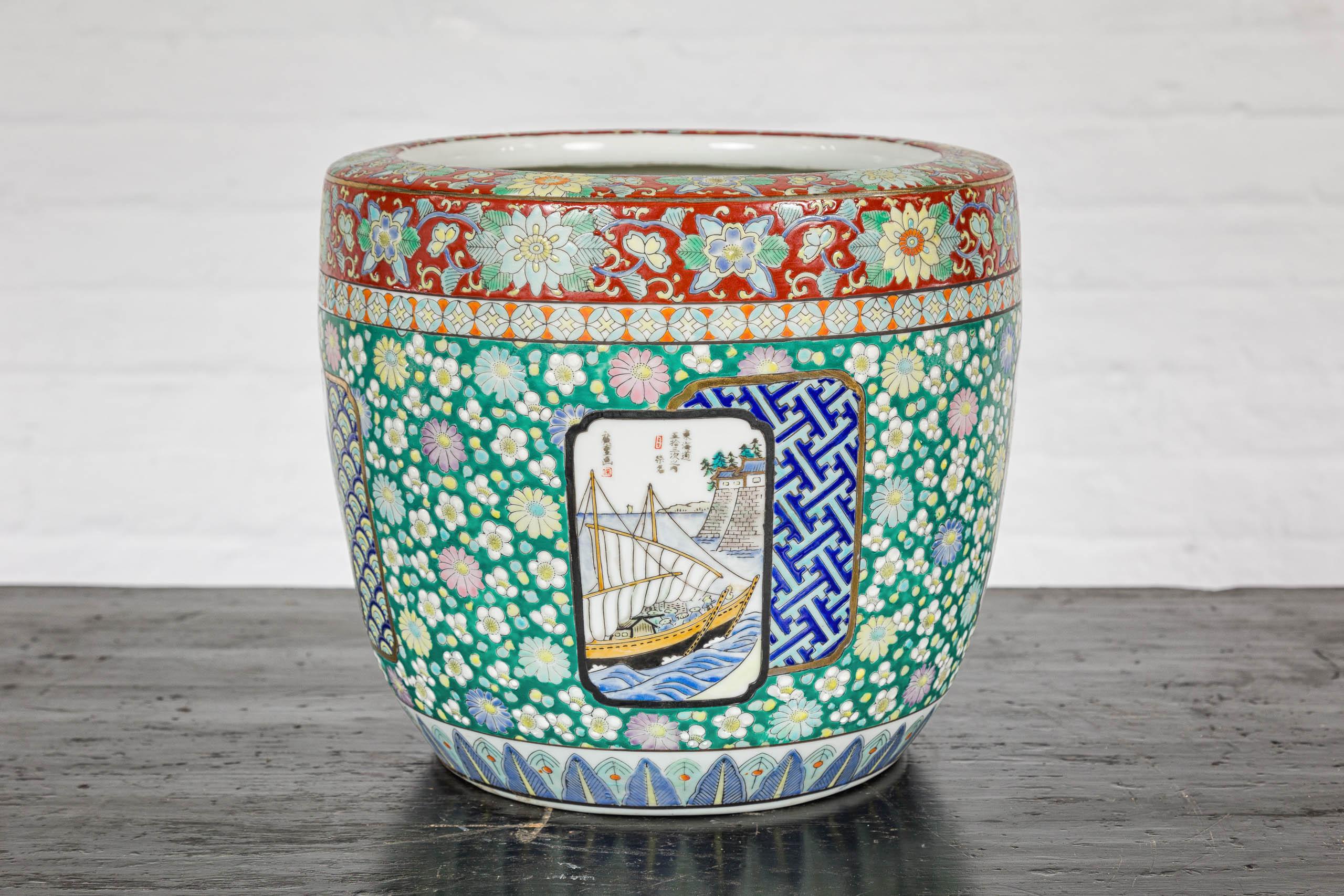 Porcelain Japanese Hand-Painted Imari Planter with Boat, Mountains, People and Flowers For Sale
