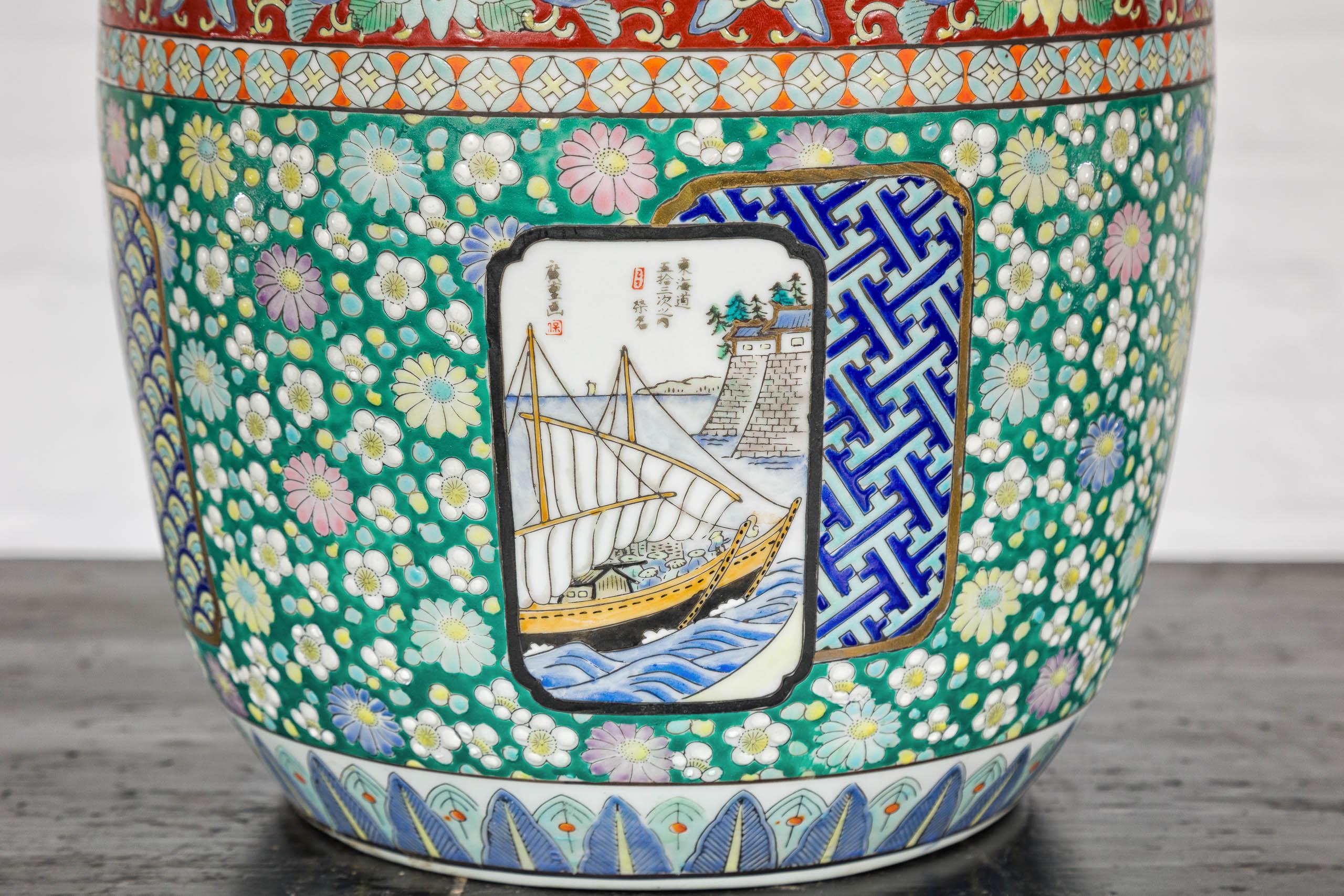 Japanese Hand-Painted Imari Planter with Boat, Mountains, People and Flowers For Sale 2