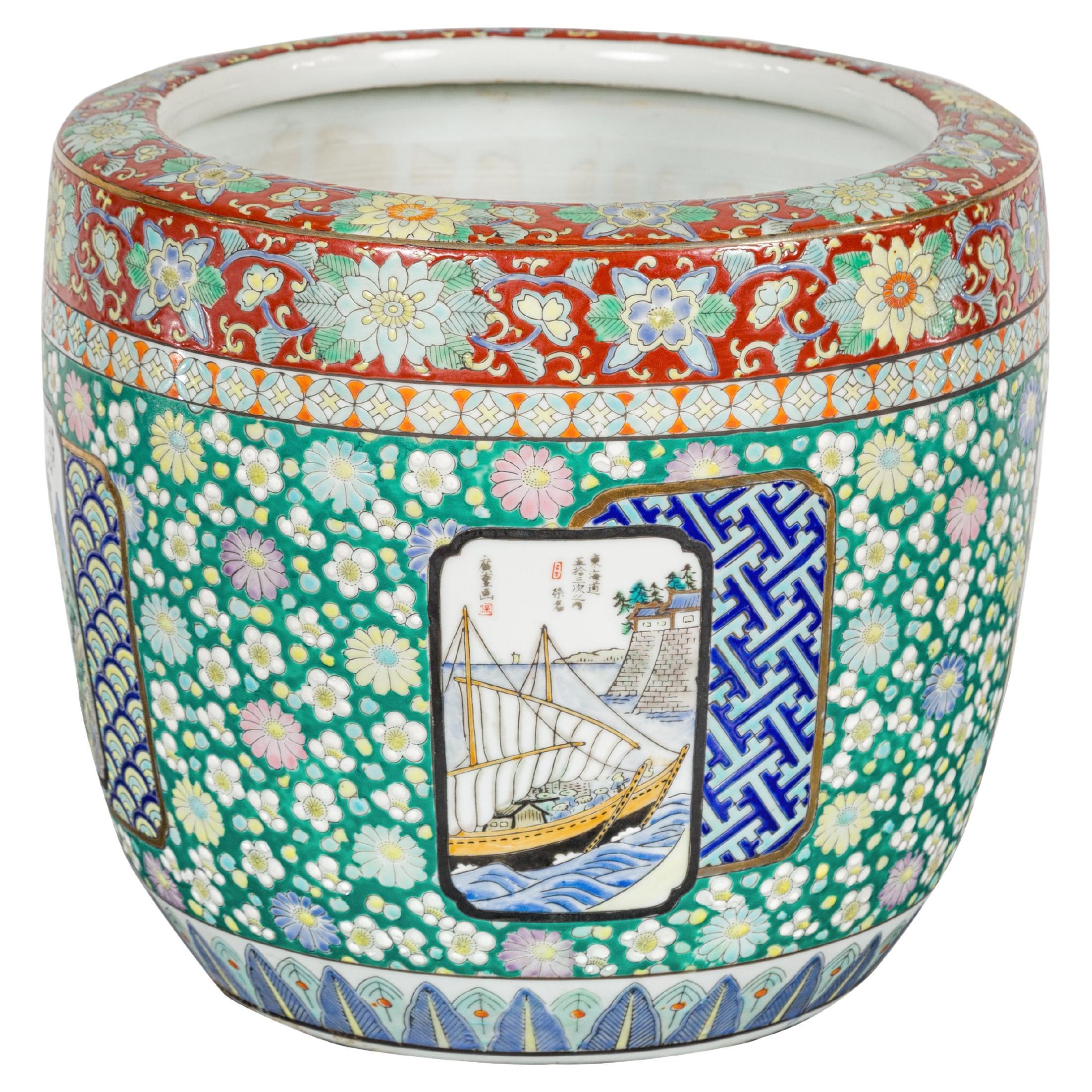 Japanese Hand-Painted Imari Planter with Boat, Mountains, People and Flowers