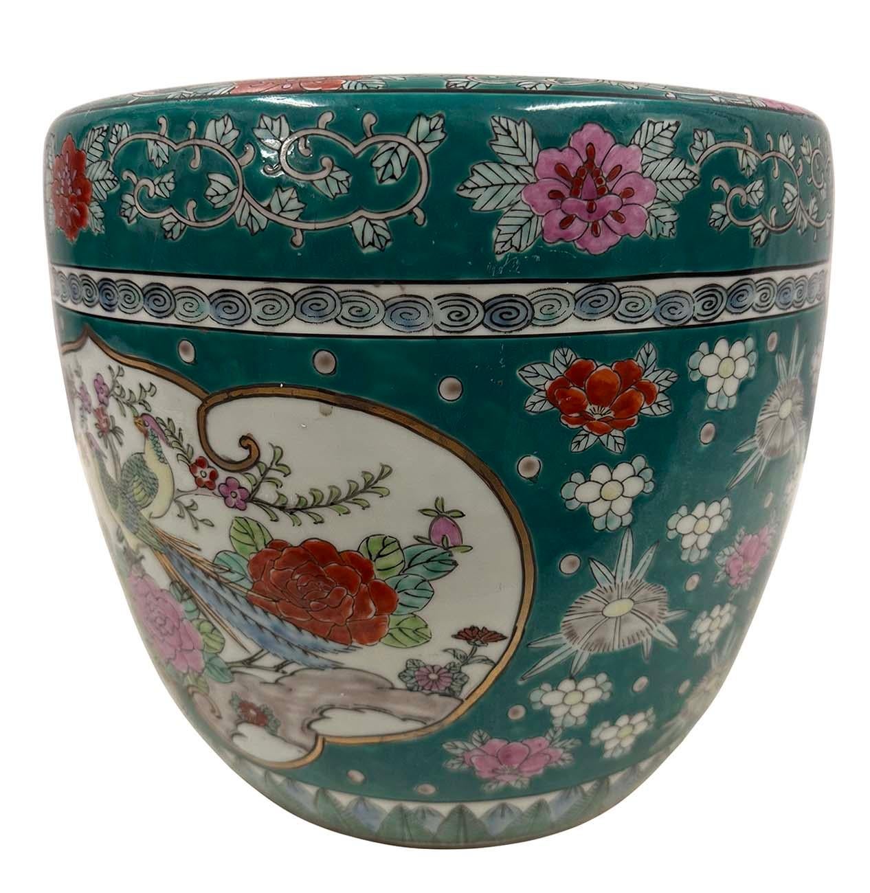 Chinese Japanese Hand-Painted Imari Planter with Flowers and Birds