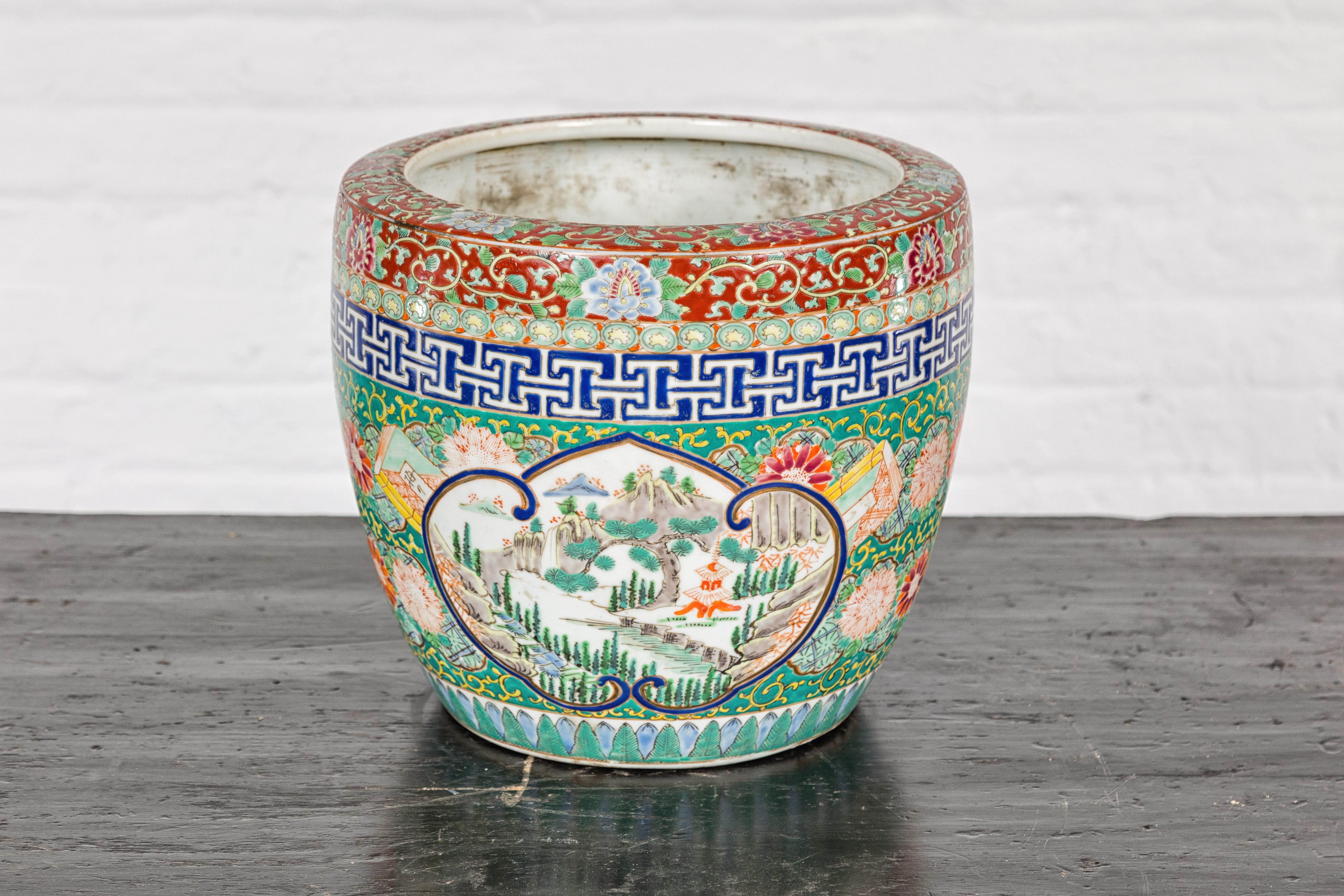 Japanese Hand-Painted Imari Planter with Landscape, Tree, Flowers and Books For Sale 7