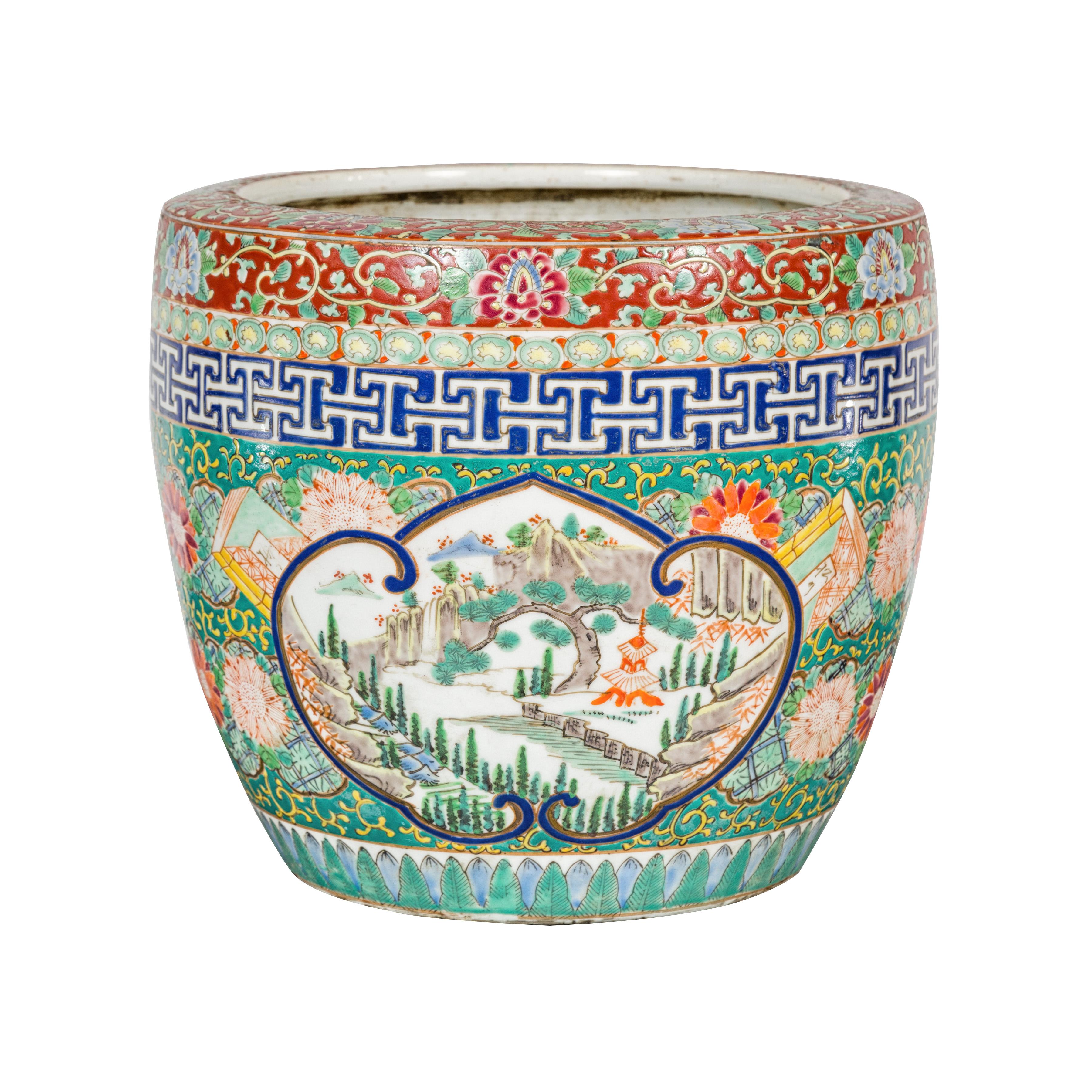 Japanese Hand-Painted Imari Planter with Landscape, Tree, Flowers and Books For Sale 11