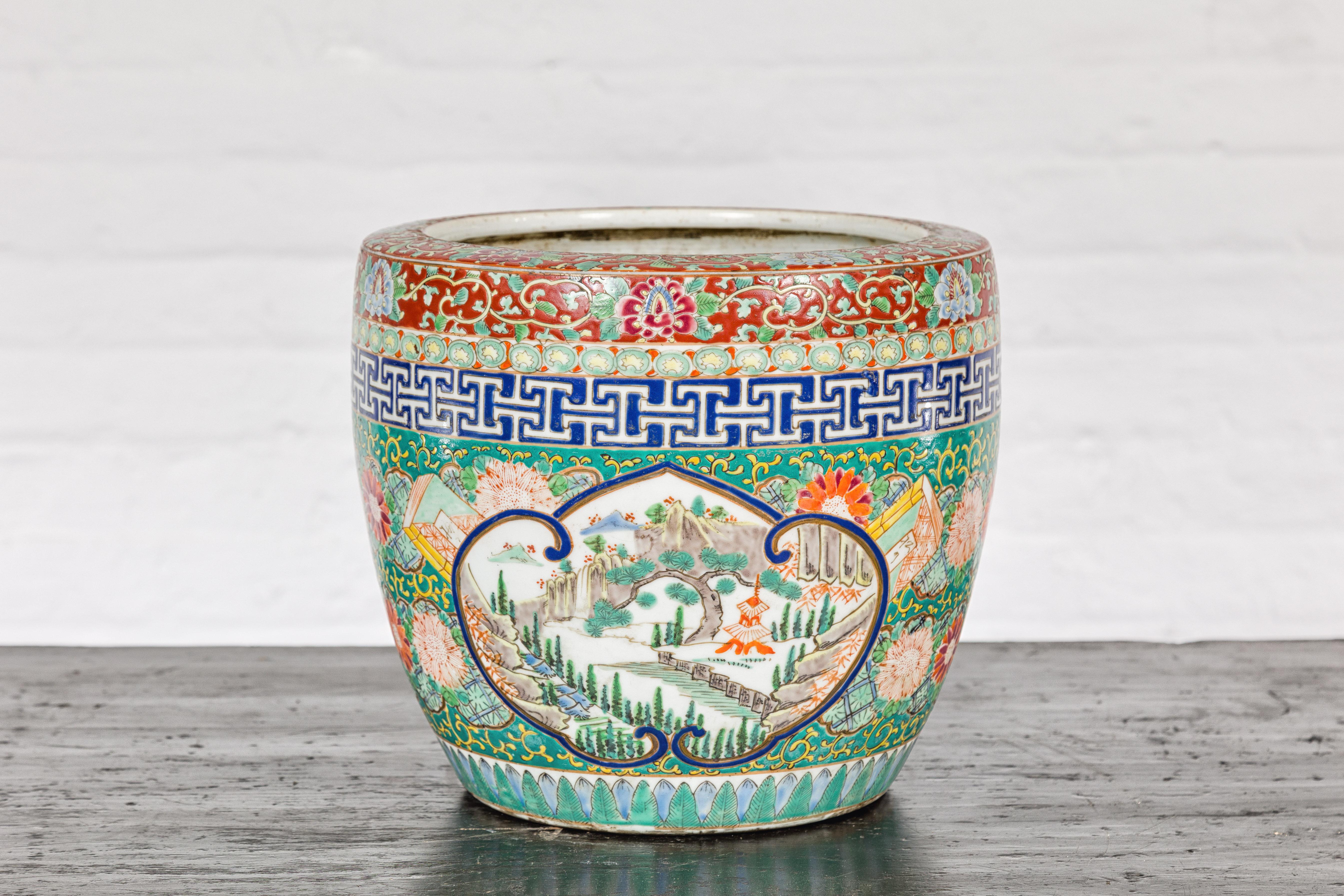 Japanese Hand-Painted Imari Planter with Landscape, Tree, Flowers and Books In Good Condition For Sale In Yonkers, NY