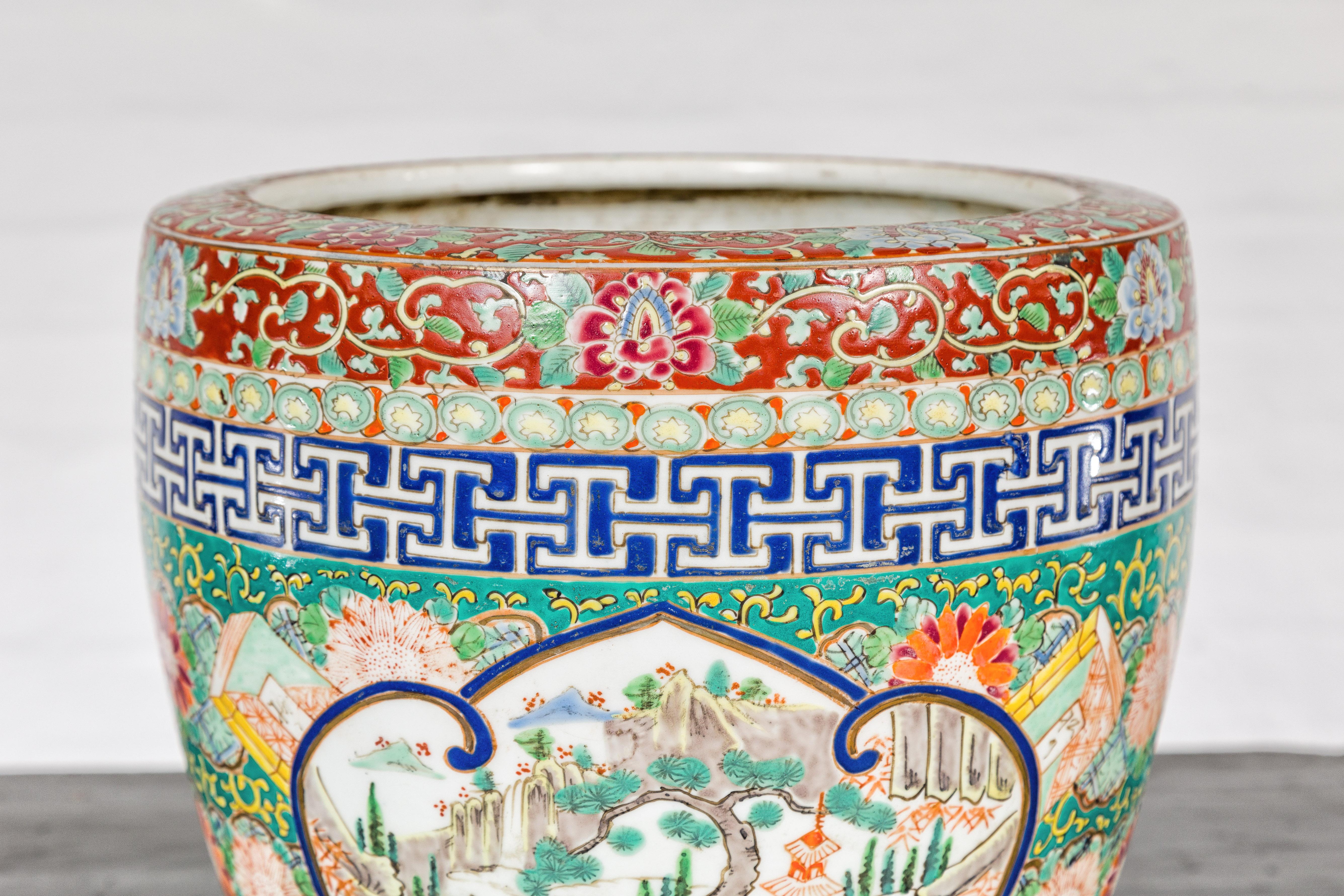 20th Century Japanese Hand-Painted Imari Planter with Landscape, Tree, Flowers and Books For Sale