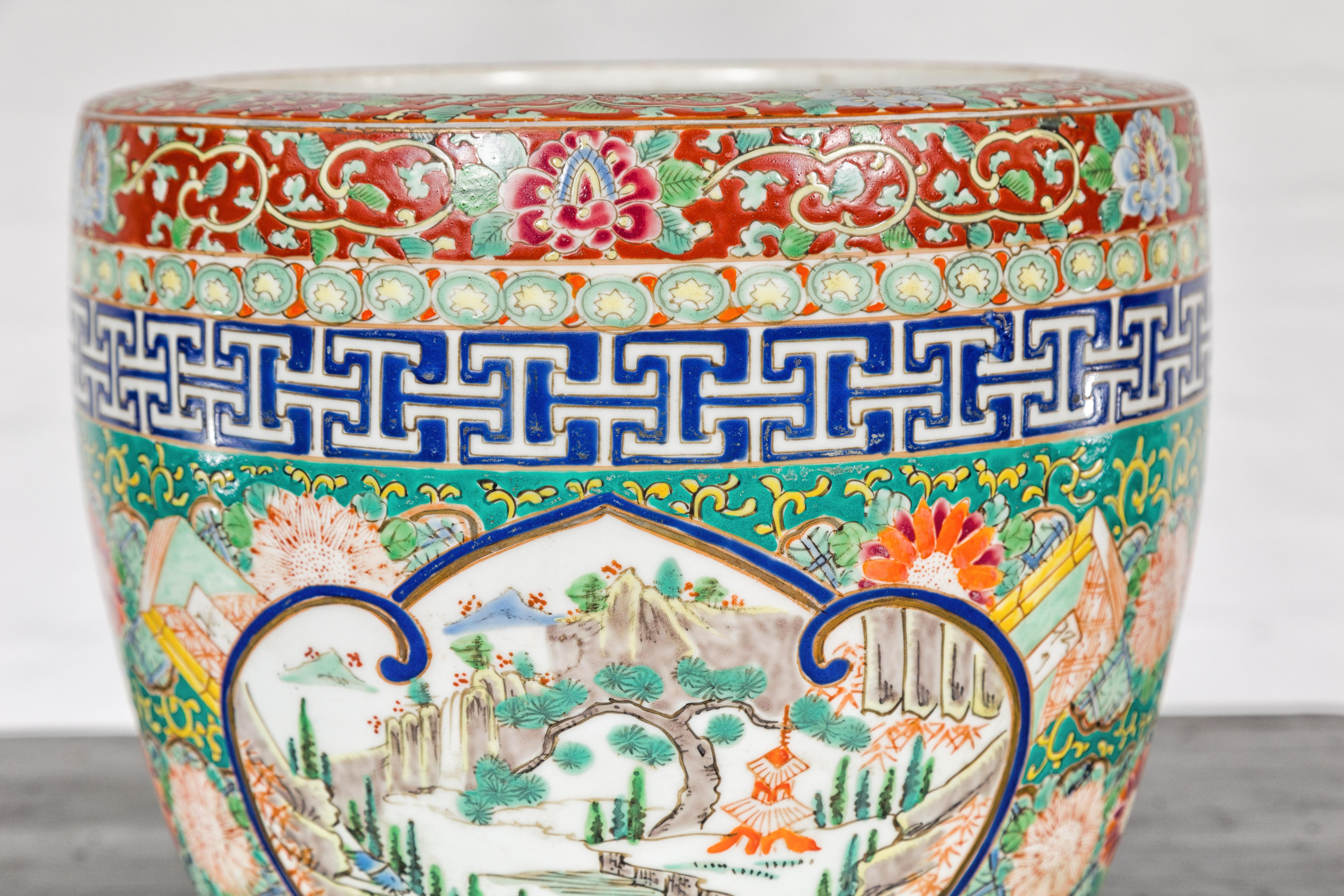 Porcelain Japanese Hand-Painted Imari Planter with Landscape, Tree, Flowers and Books For Sale