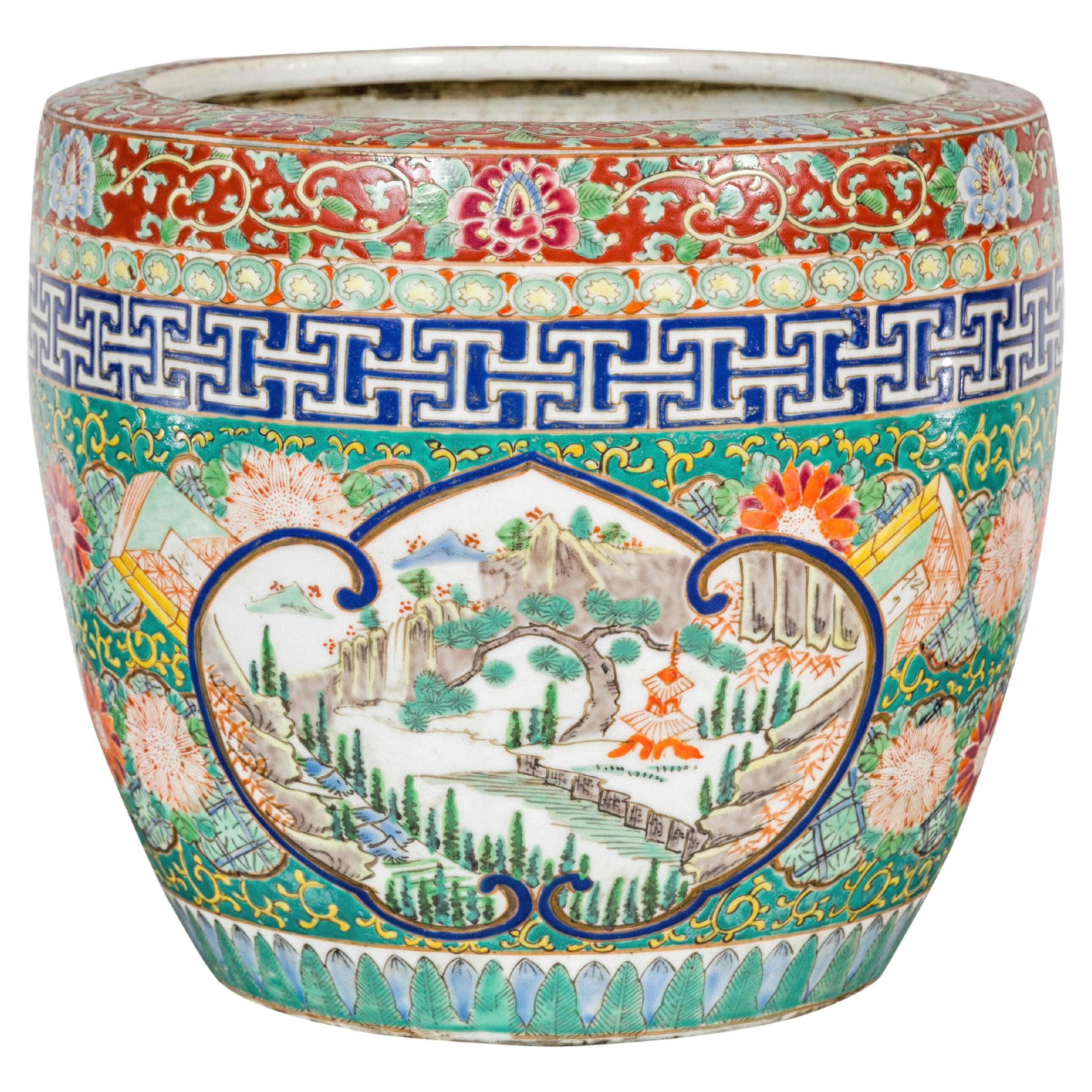 Japanese Hand-Painted Imari Planter with Landscape, Tree, Flowers and Books For Sale