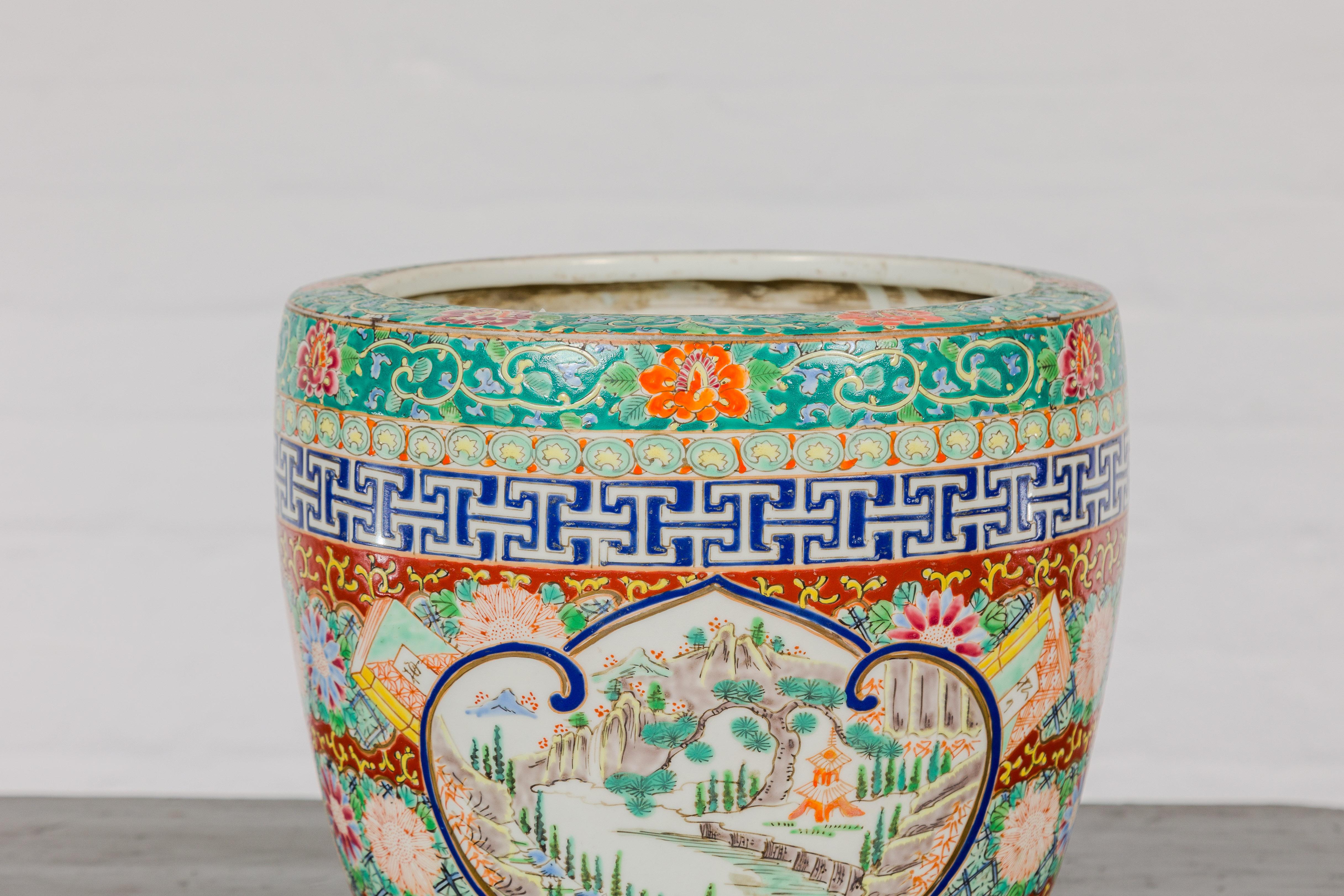 Japanese Hand-Painted Imari Planter with Landscapes, Flowers and Books For Sale 12