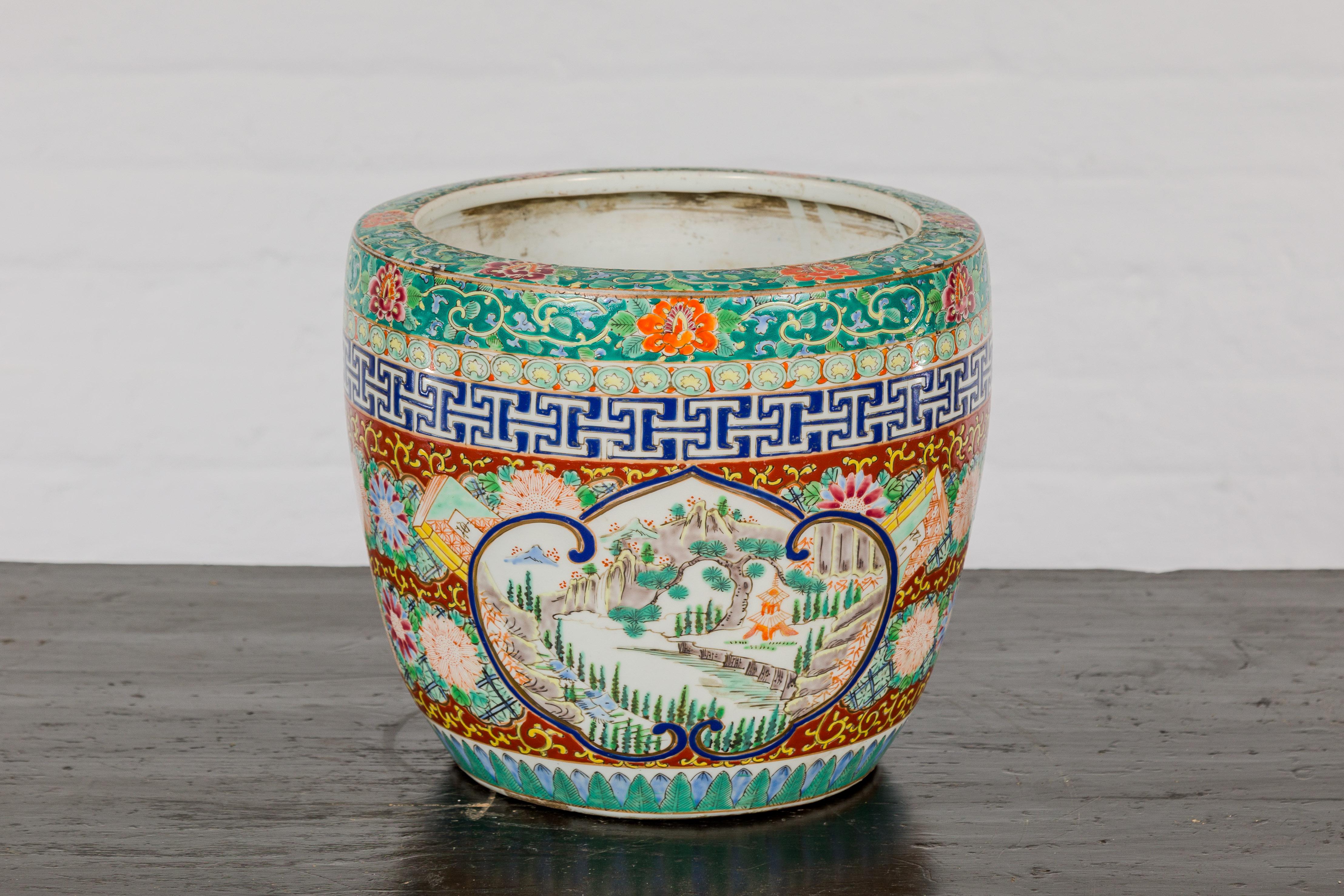 Japanese Hand-Painted Imari Planter with Landscapes, Flowers and Books For Sale 13