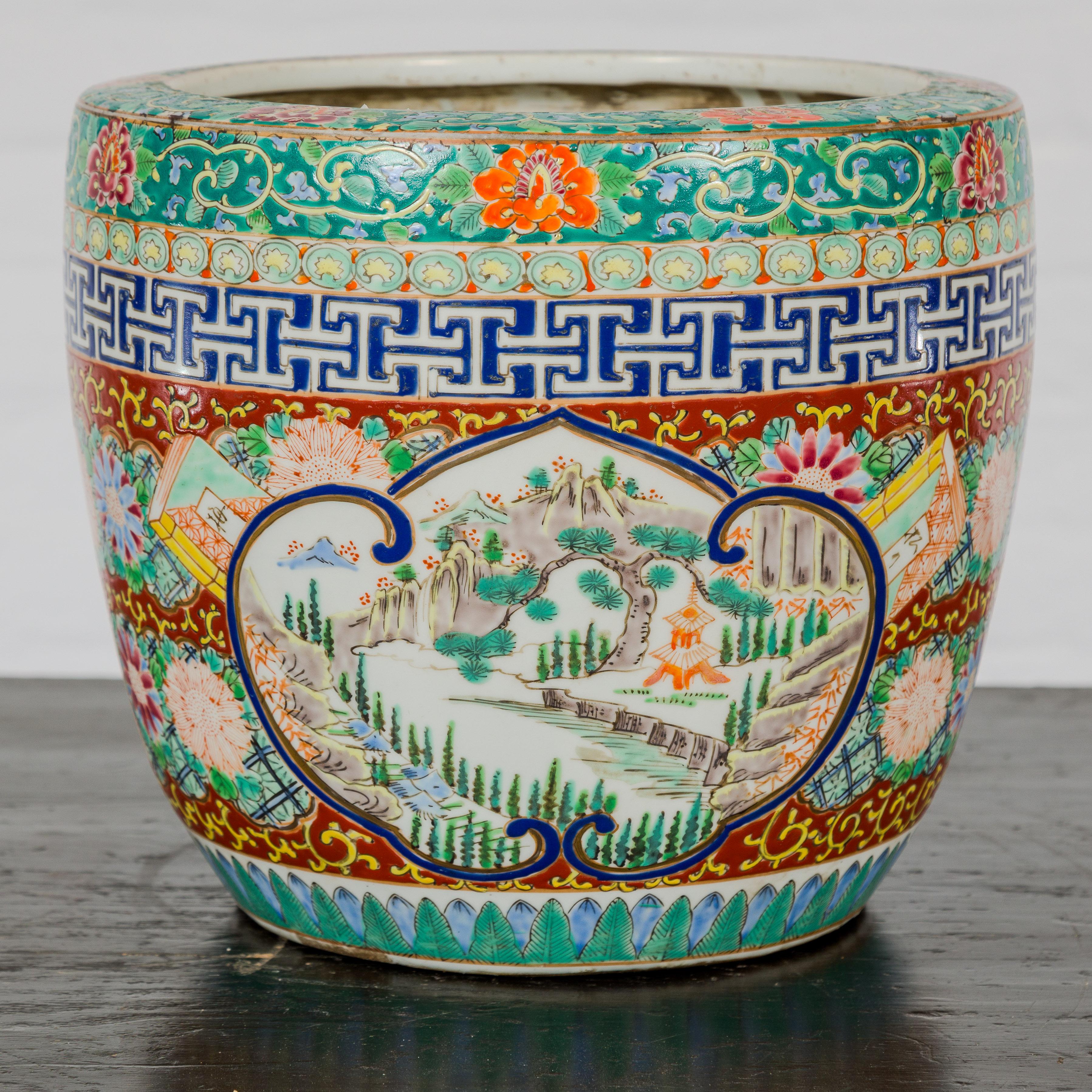 Japanese Hand-Painted Imari Planter with Landscapes, Flowers and Books For Sale 14