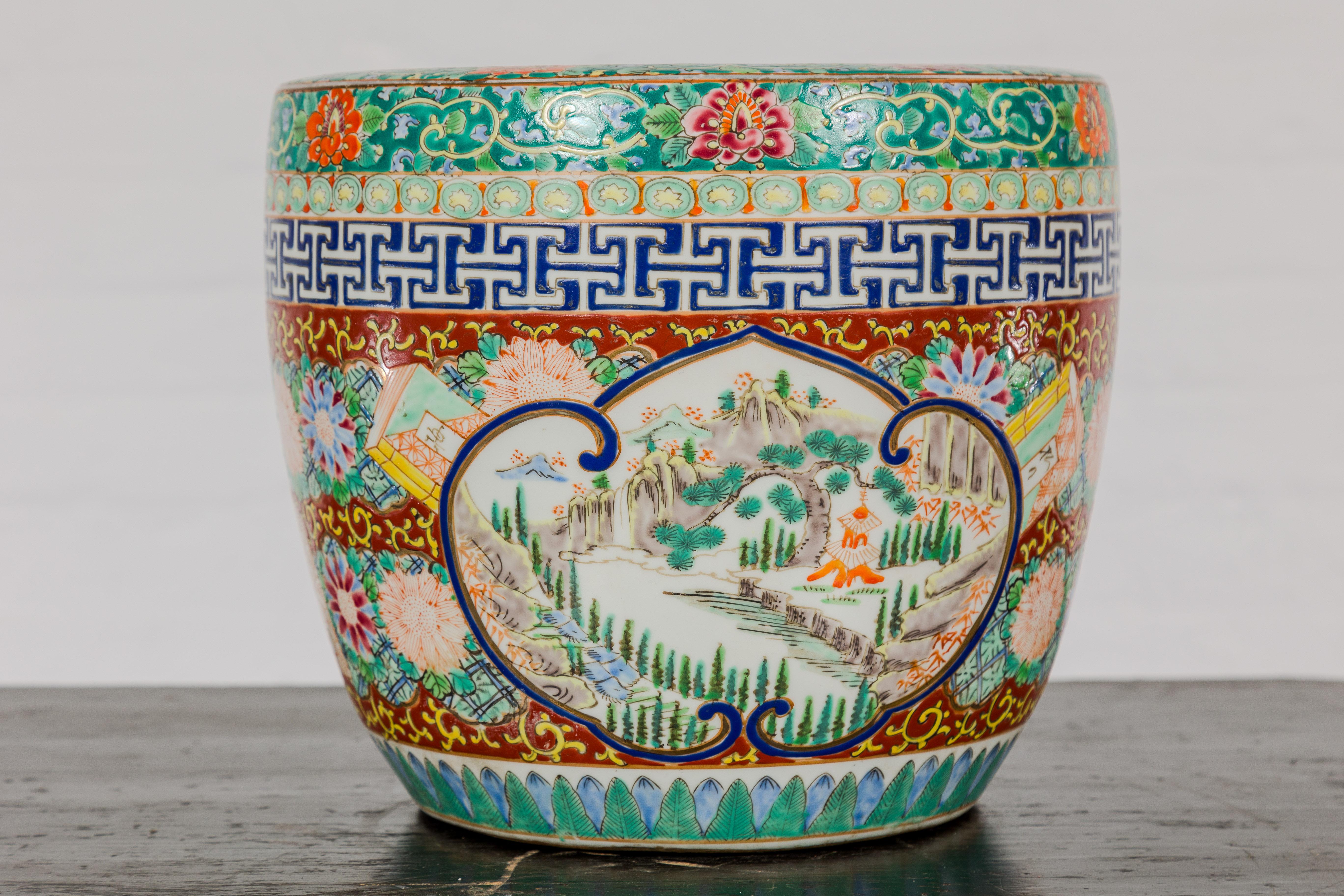 Japanese Hand-Painted Imari Planter with Landscapes, Flowers and Books For Sale 2