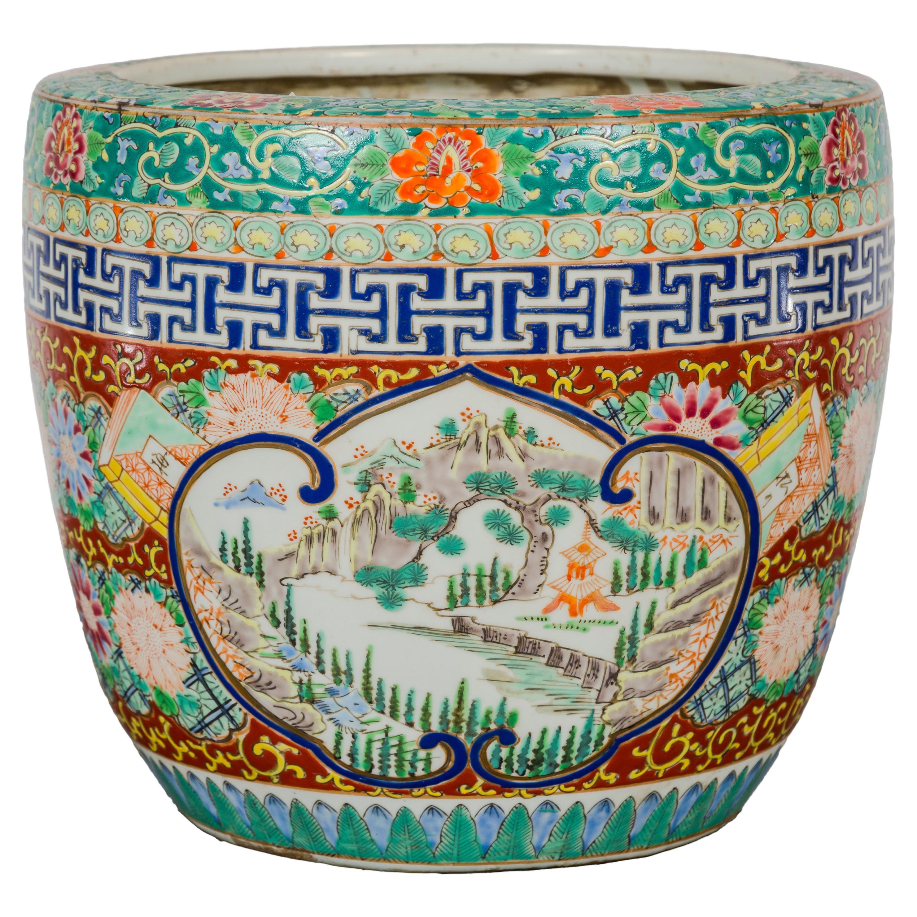 Japanese Hand-Painted Imari Planter with Landscapes, Flowers and Books For Sale