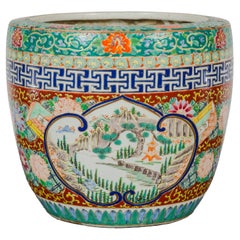 Used Japanese Hand-Painted Imari Planter with Landscapes, Flowers and Books